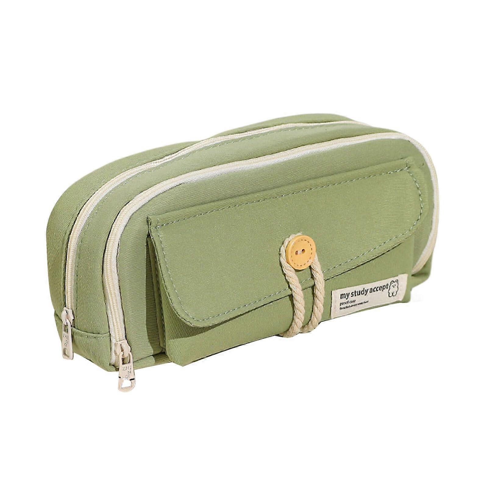 Large Capacity Green Fabric Pencil Case with Multiple Compartments for School and Office