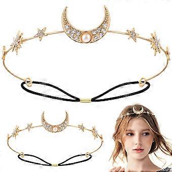 2Pcs Pearl Headbands for Women Bohemian Moon Star Hair Decoration