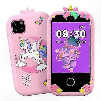Teléfono infantil con pantalla táctil, cámaras duales y juegos educativos.