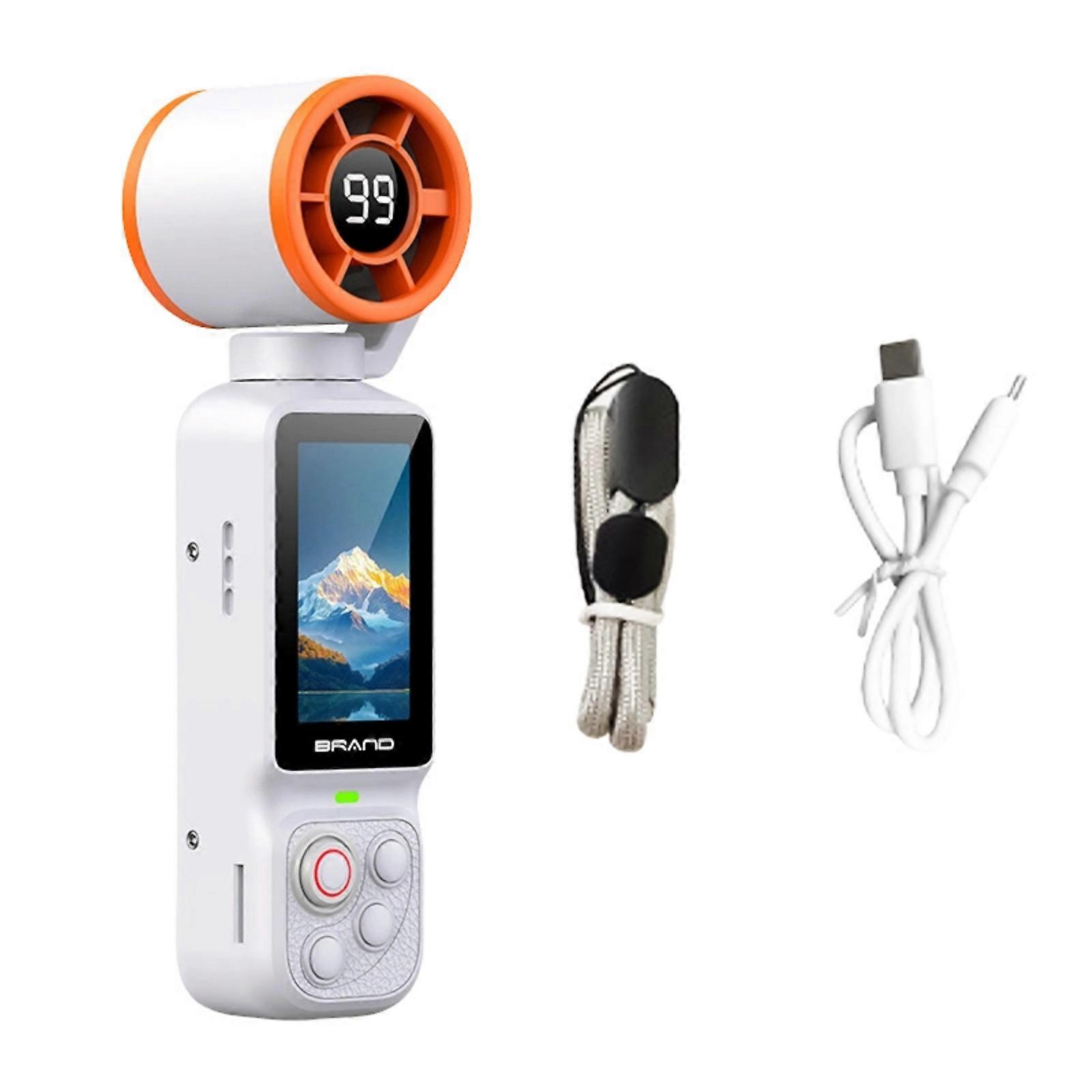 Caméra de vlogging portable avec stabilisation, objectif rotatif à 180°, écran LCD et ventilateur de refroidissement pour une utilisation en extérieur (blanc).