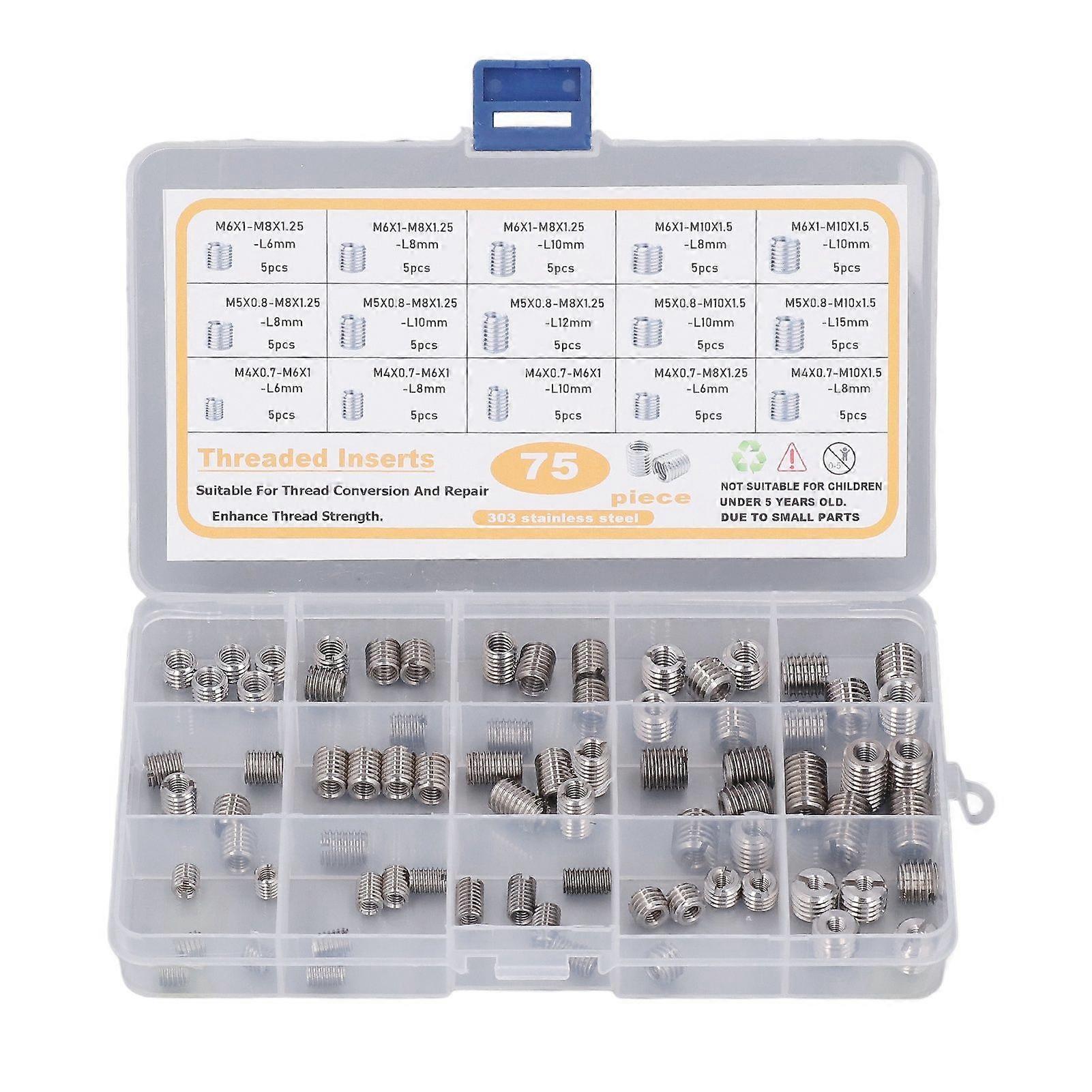 75Pcs Stainless Steel Threaded Inserts Nuts Assortment Tool Kit for Thread Repair