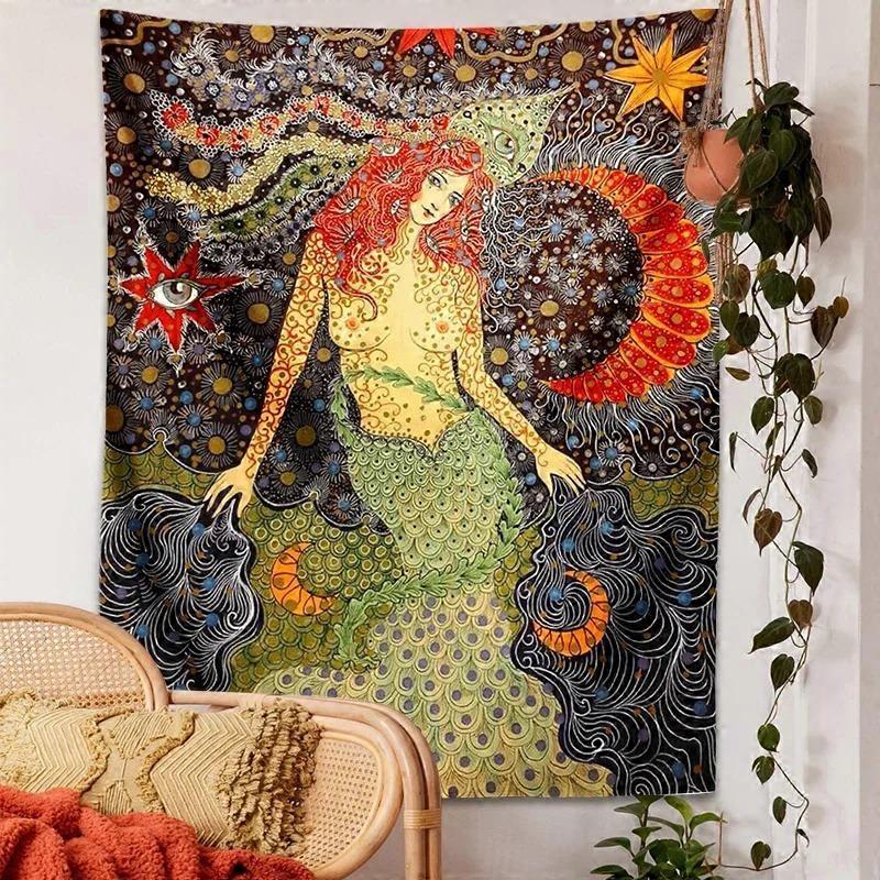 Tenture murale fantaisie "Sirène", style bohème, représentant une déesse de l'océan, avec un motif mandala et un œil protecteur, idéale pour une chambre ou une salle de bain.