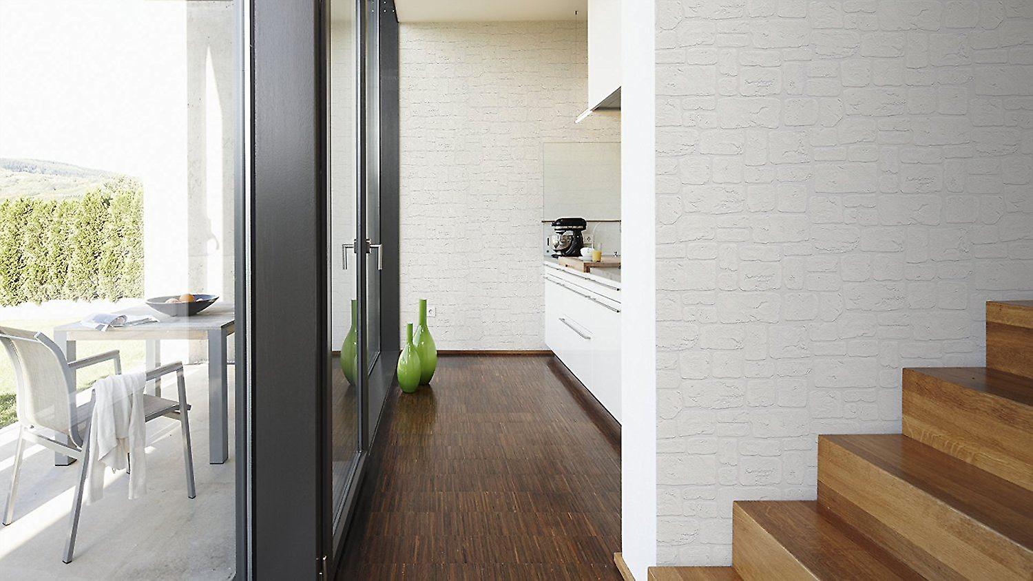 Paintable Brick Slate 3D Effect Wallpaper Blown Textured Vinyl White AS Creation
