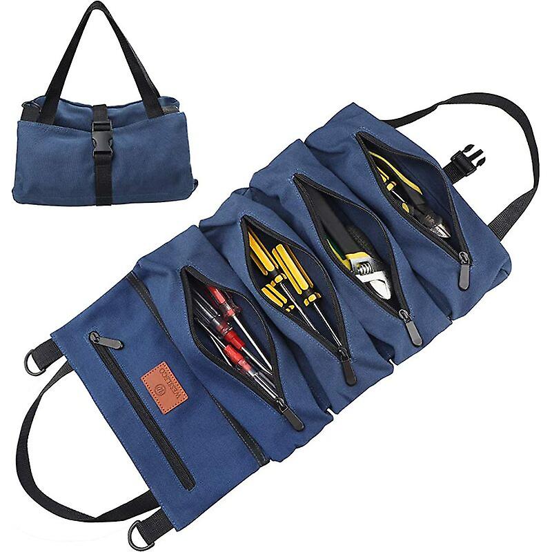 Multifunction canvas roll-up tool bag for keys Blue