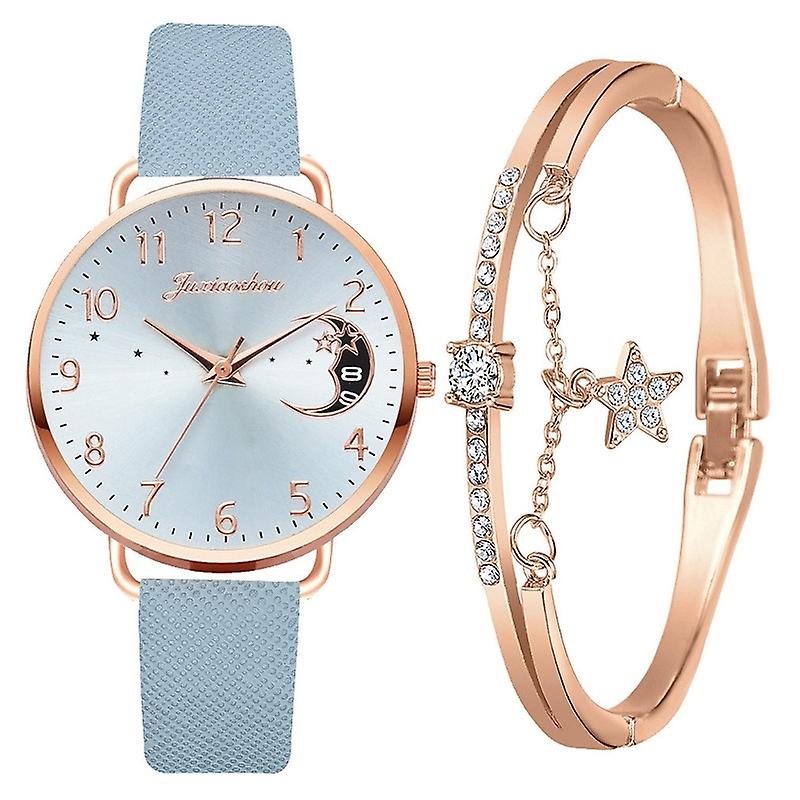 Ladies Moon Pattern Dial PU Strap Quartz Watch, Color: Tianlan+Bracelet Tianlan+Bracelet