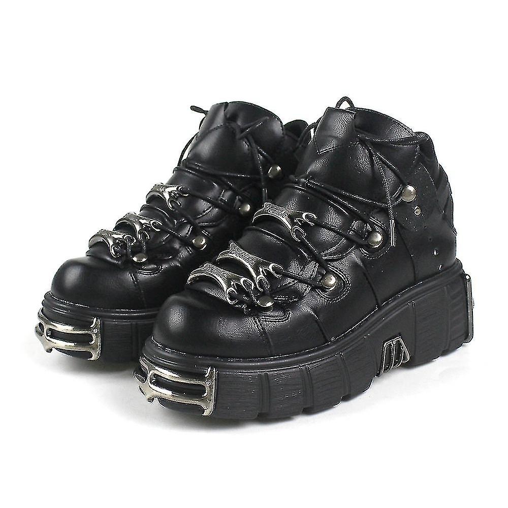 Unisex Metallic Black Leather Biker Boots High Top Punk Leather Shoes