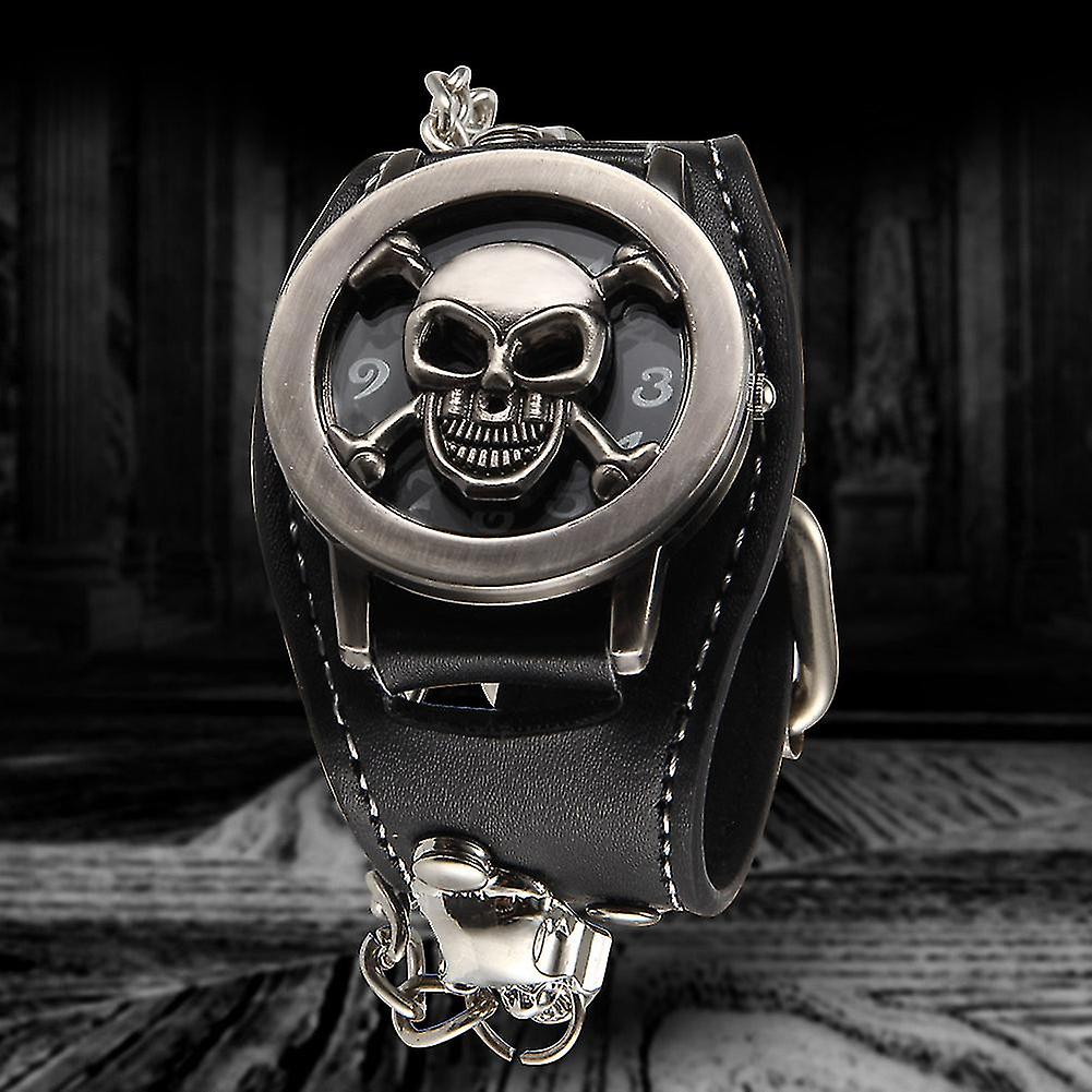 Men Punk Style Quartz Wrist Watch With Flip Skull Cover Chain Rivet Strap Cool Watches