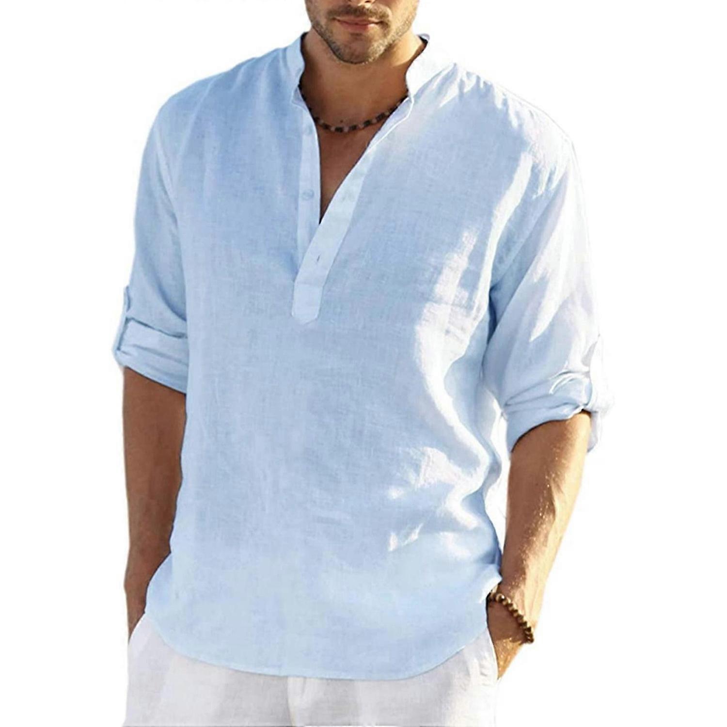 T-shirt da uomo in lino aderente Casual Plus Size Camicia a maniche lunghe per la primavera e l'estate