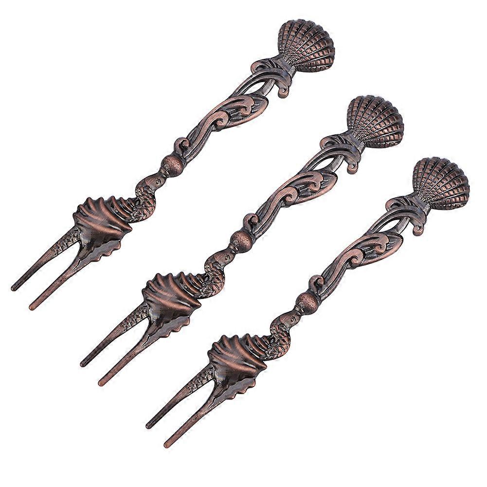 3pcs/set Fruit Fork Shell Design Two Teeth Cake Dessert Forks Vintage Retro Tableware Bronze