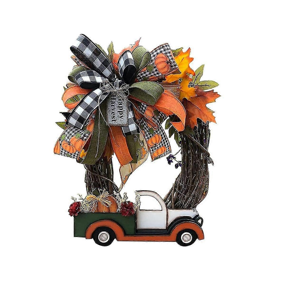 ハロウィンリース木製カボチャトラック手作り、30x30x4cm秋の収穫ヴィンテージ農家感謝祭