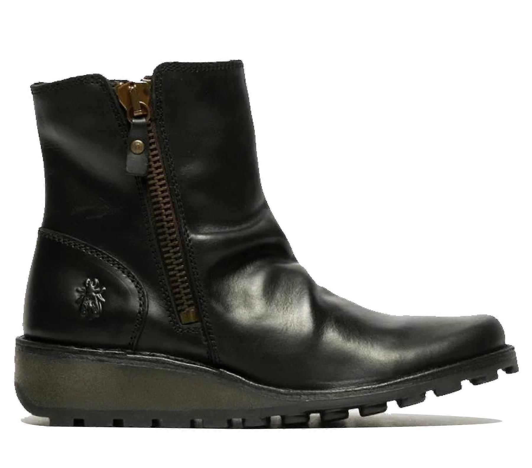 Fly London 女款黑色 MON944 皮革坡跟鞋踝拉链切尔西靴