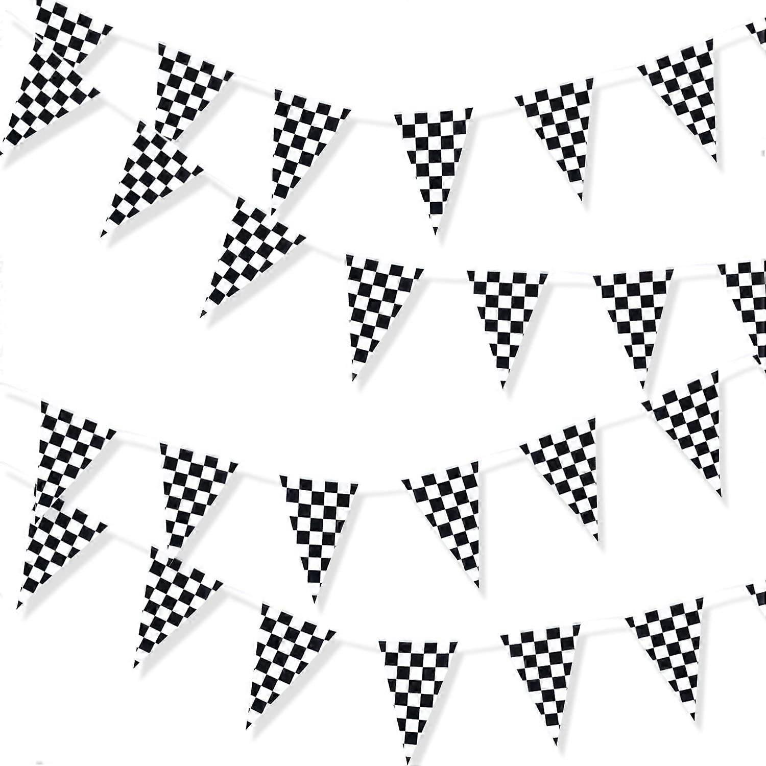 (NEWPATTERN)100 Foot Long Race Track Car Finish Line Black and White Plastic Pennant Party Checker Pattern String Curtain Banner for Decorations, Birt
