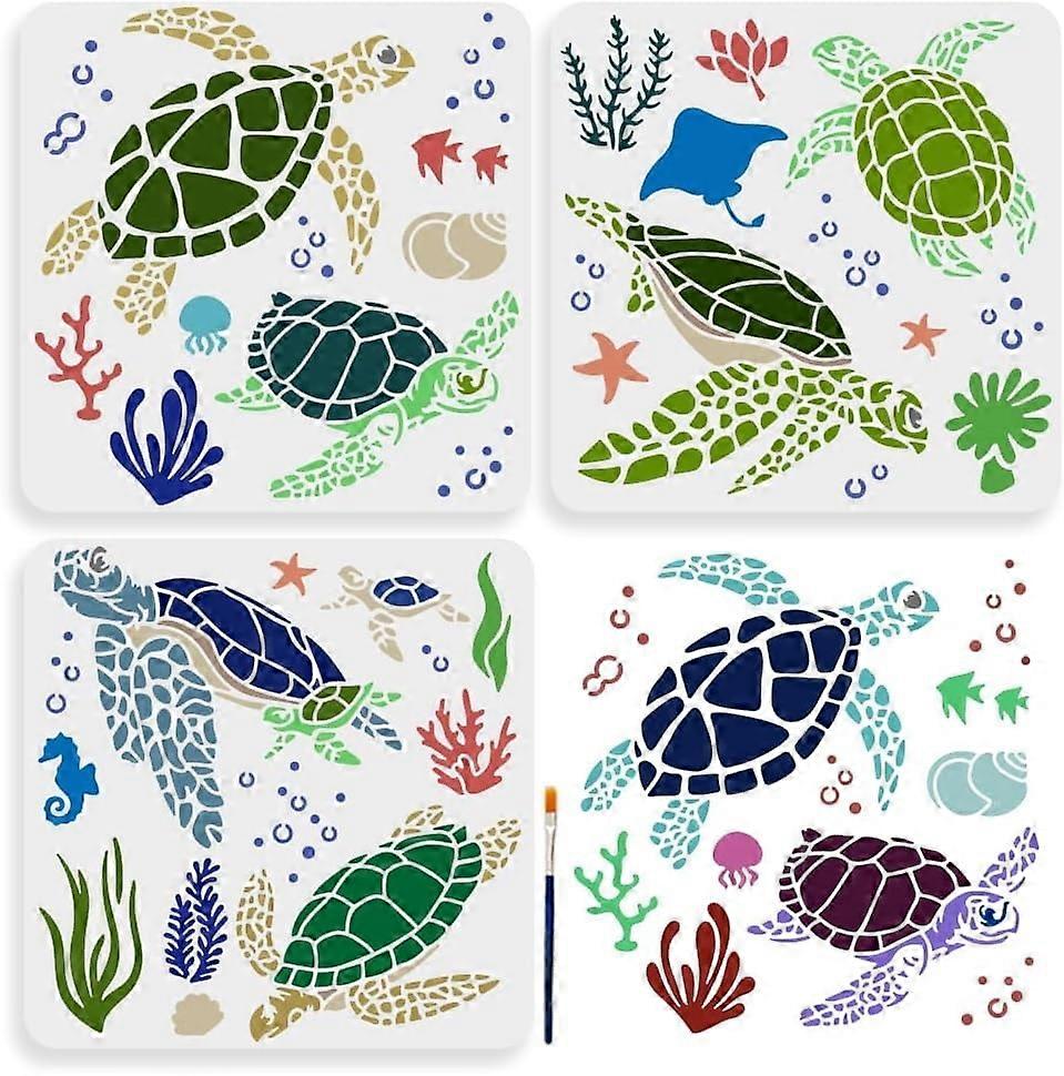3pcs Sea Turtle Stencil 11.811.8inch Large Sea Creature Stencils with Paint Brush