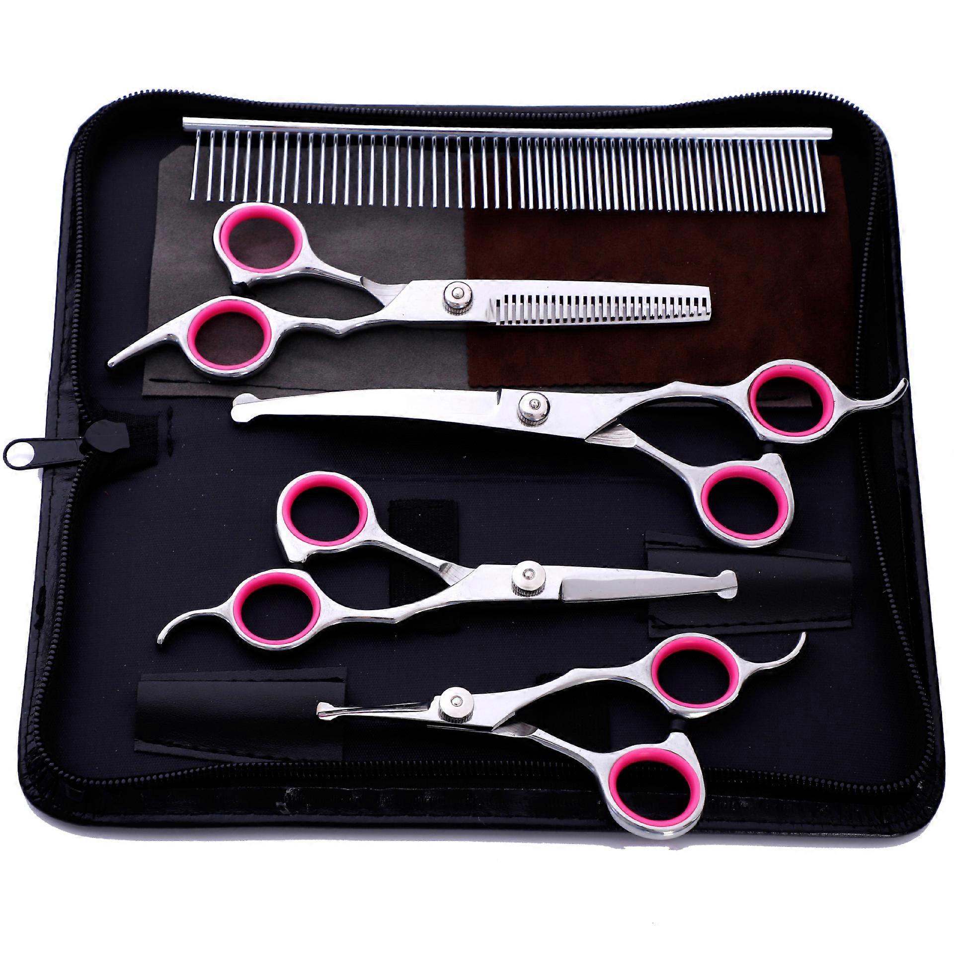Stainless Steel Dog Grooming Scissors Set with Safety Round Tip, Straight Scissors, Curved Thinning Scissors and Grooming Comb for Dogs and Cats