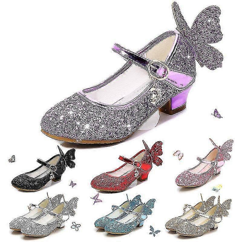 ガールズプリンセスグリッターハイヒールシューズ-キッズレザーシューズ-バタフライ3d332