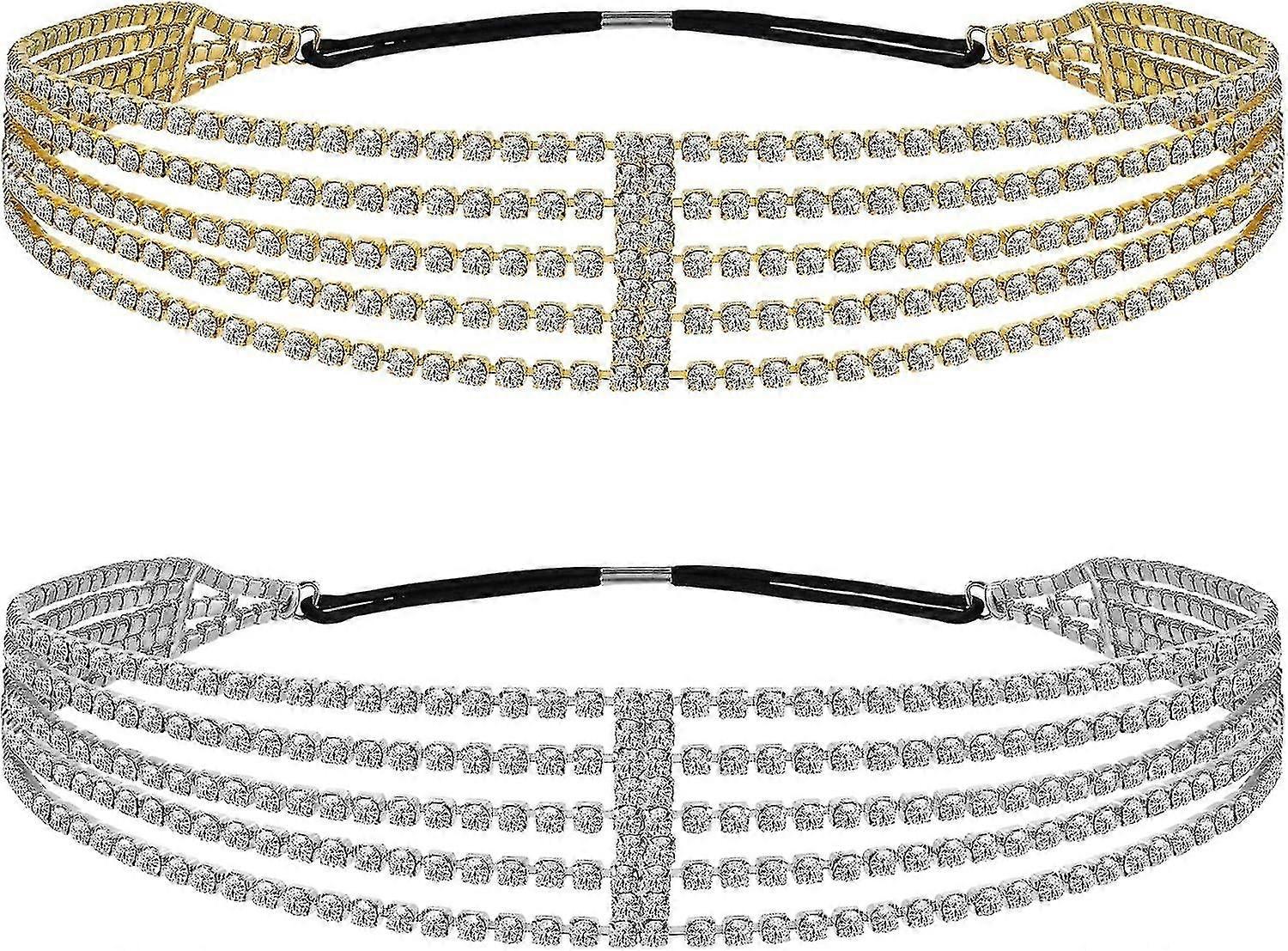 2 Pack Multi Layered Elastic Headband For Women, Adjustable Rhinestone Bridal Headpieces