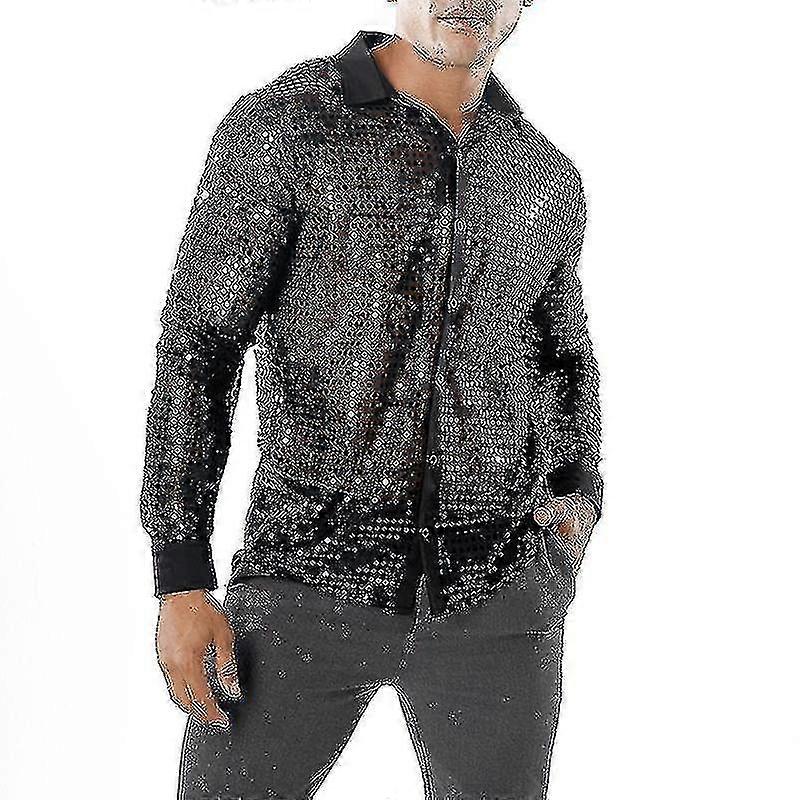 Men's Shiny Sequined Mesh Top, 60s 70s Disco Dance Shirt