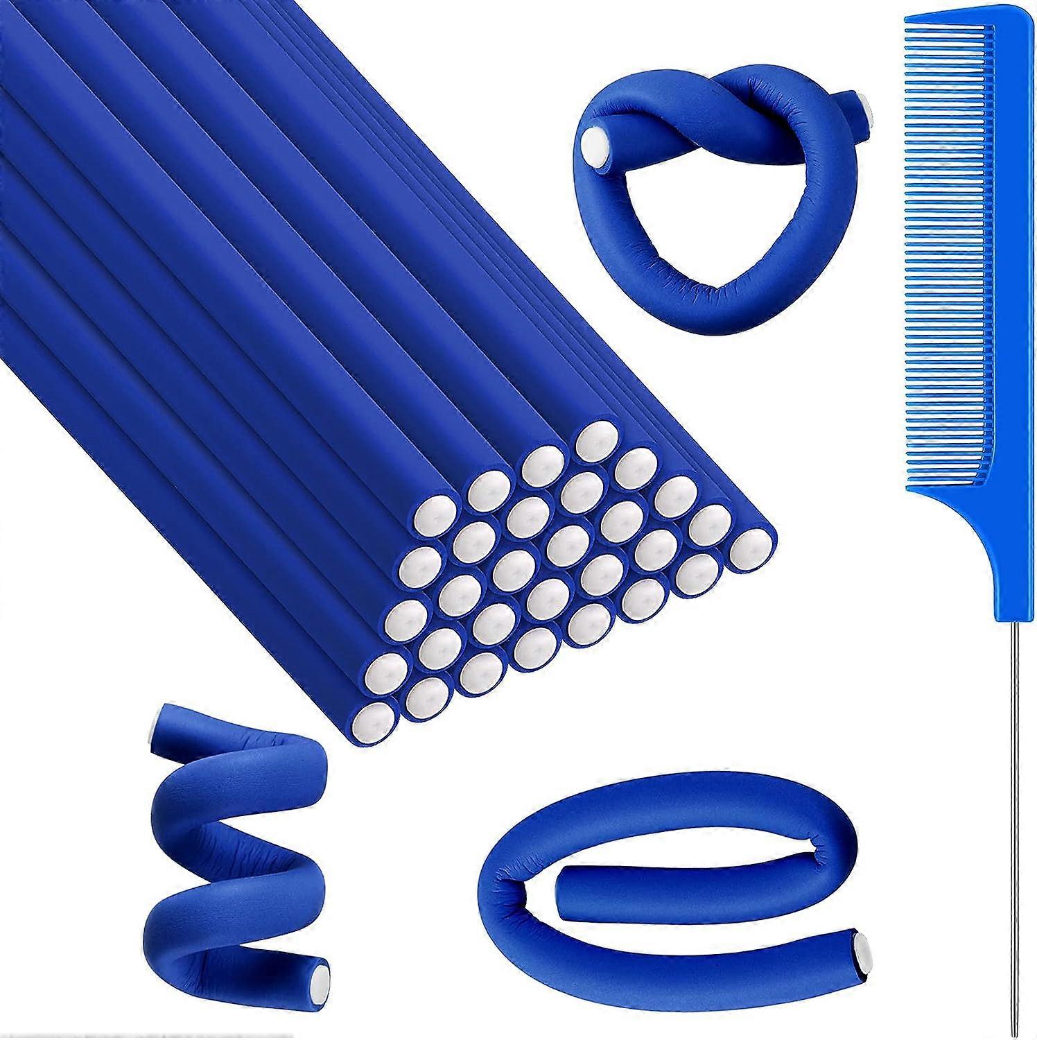 (Dark Blue, 9.4 x 0.3 Inches)30 Flexible Curling Rods Foam Twist Hair Rollers Soft Foam Heatless Hair Curlers and 1 Steel Rat Tail Comb