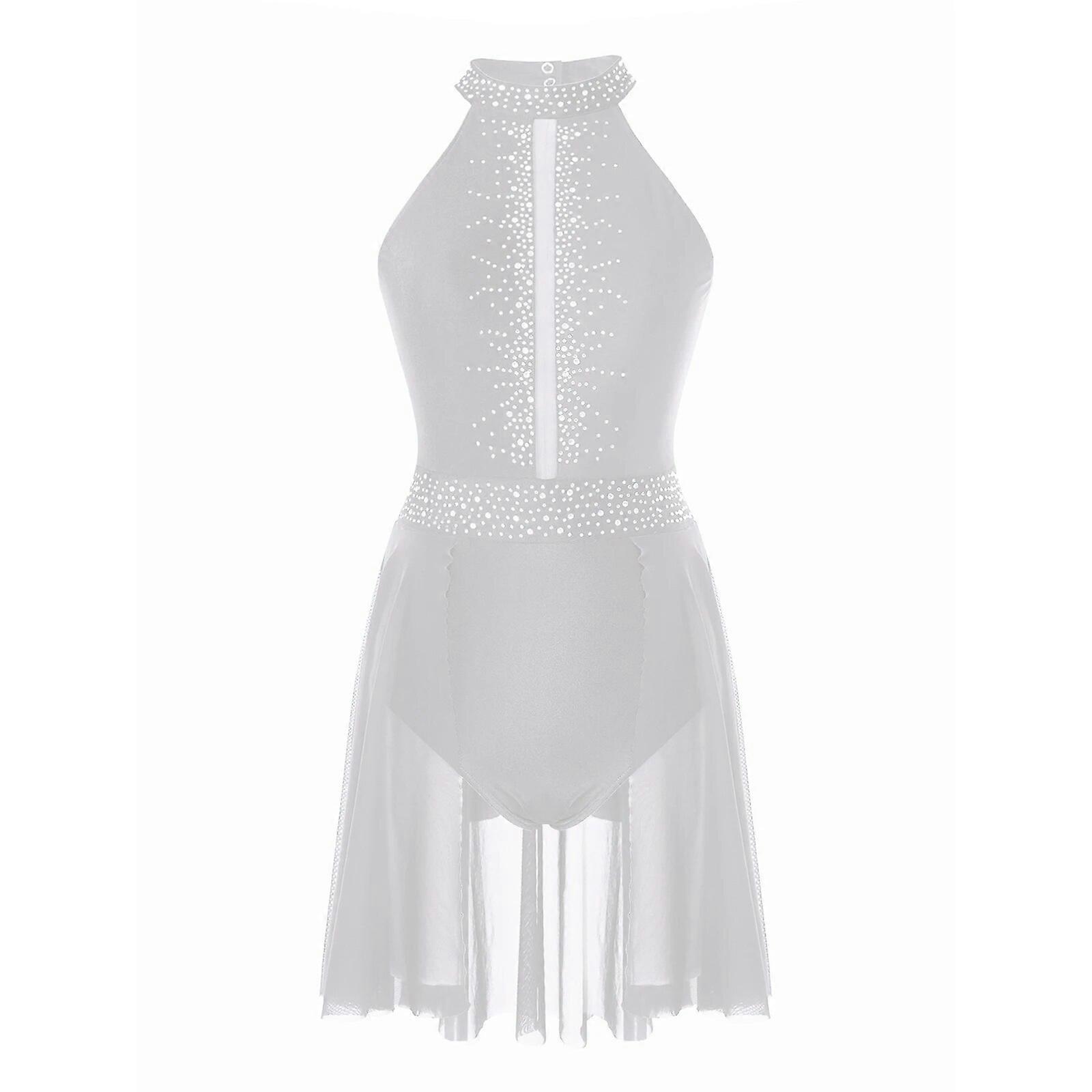 Kvinnors Kontrast Färg Backless Balett Gymnastisk Trikå Klänning Glänsande Strass Konståkning Prestanda Lyrisk dansdräkt