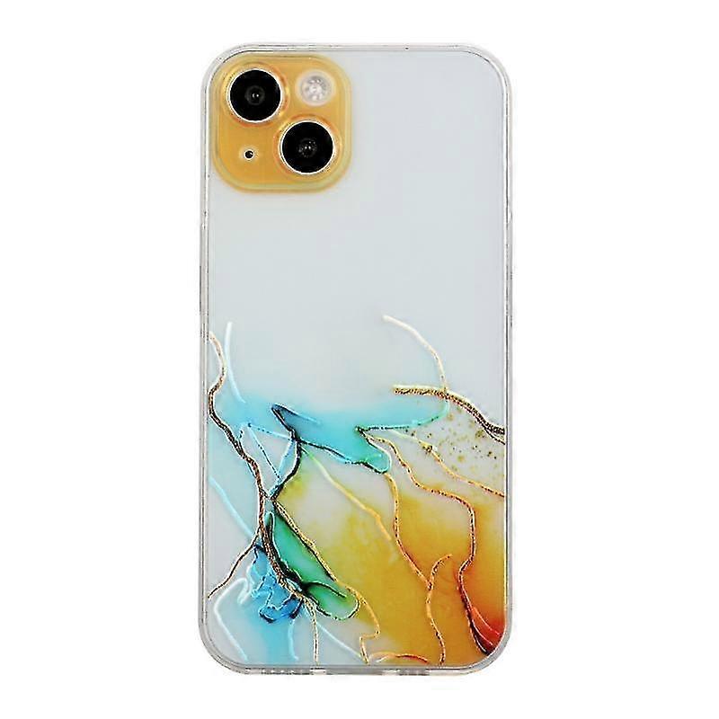 For Iphone 14 Plus Hollow Marble Pattern Tpu Straight Edge Fine Hole Protective Case(yellow Blue)