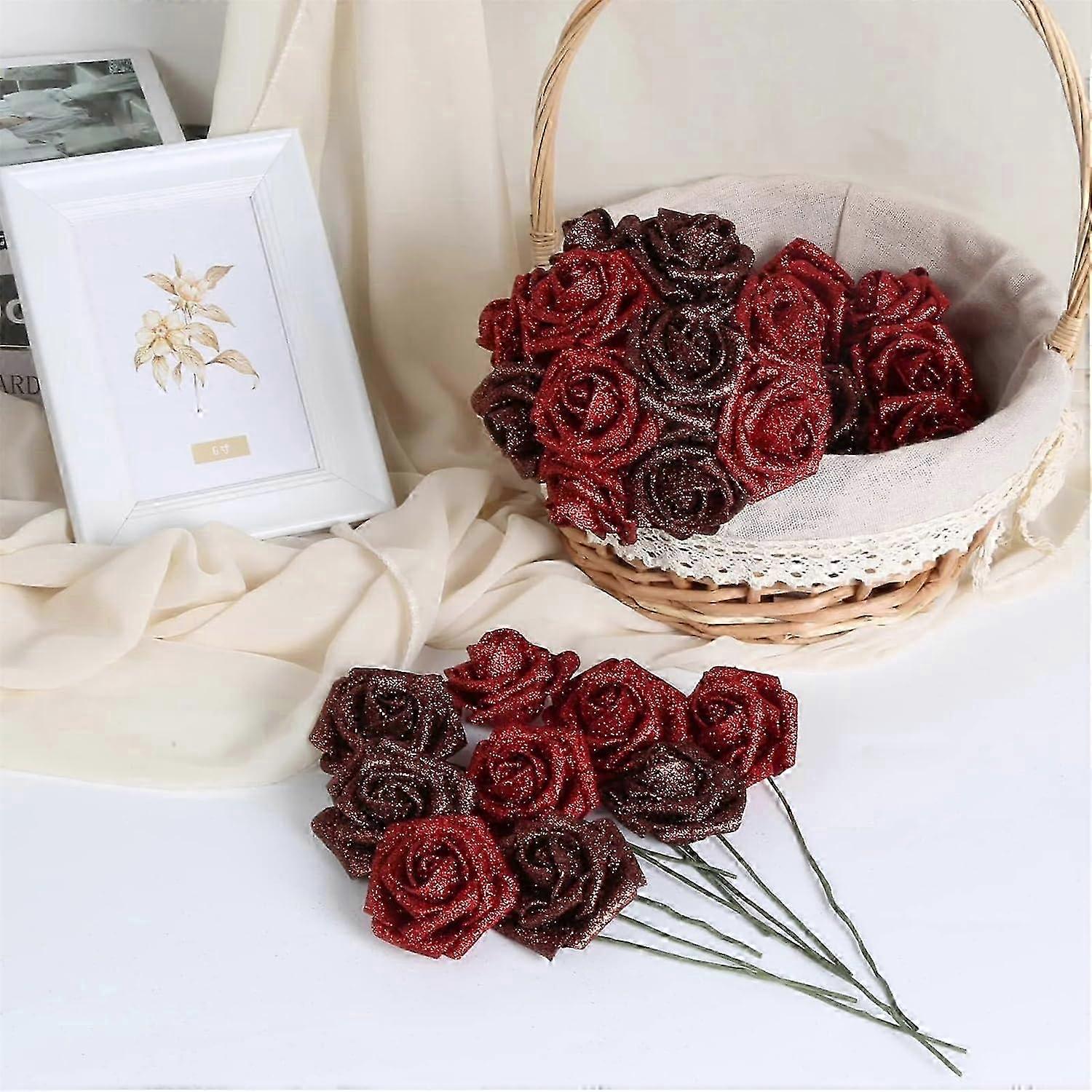 ZXH Bouquet di Rose Glitterate, Rose Artificiali con Steli, Rose Rosse Glitterate, Ramo De Rosas Eternas, Fiori Artificiali per Artigianato Bouquet da Matrimonio Decorazioni da Tavolo per Feste