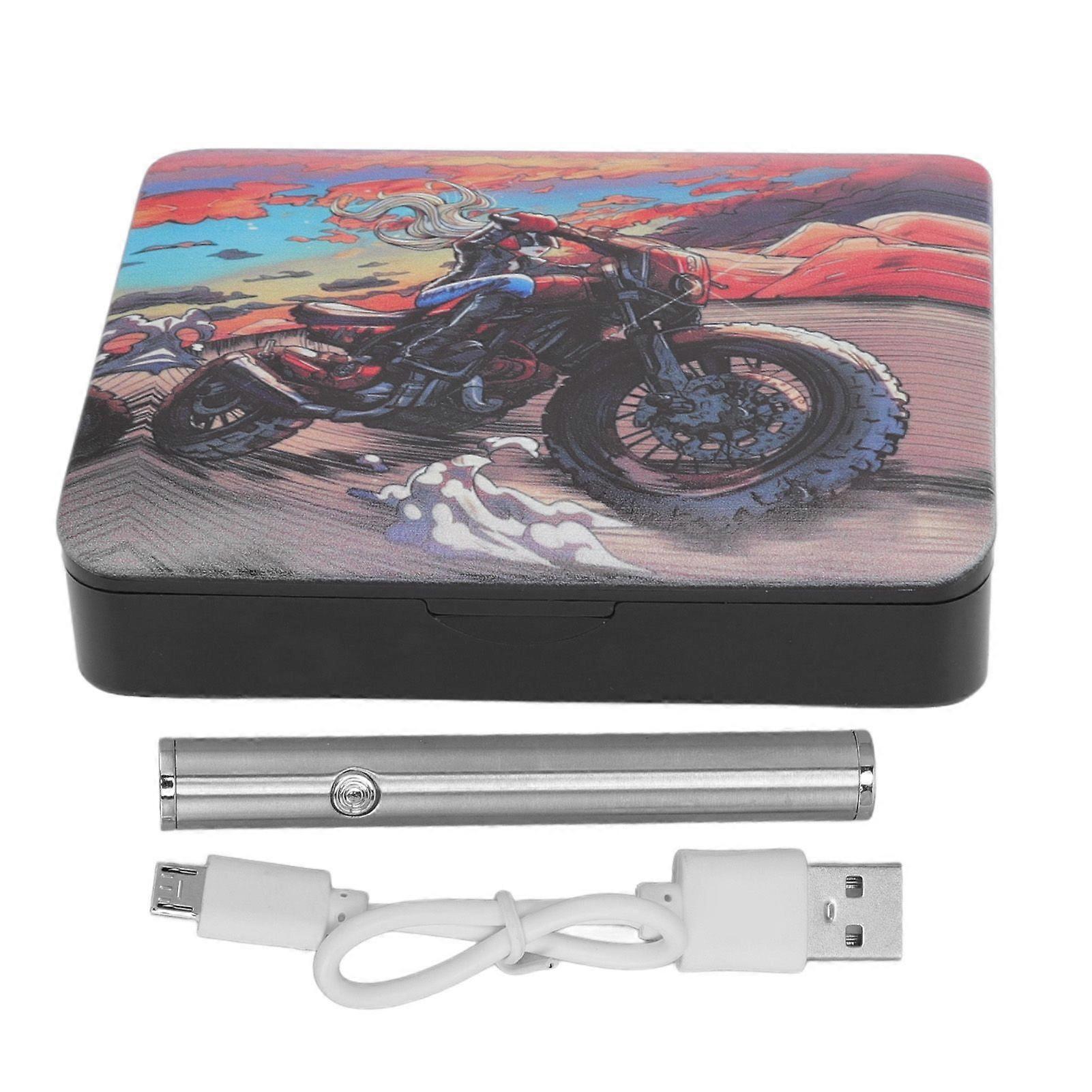 Cigarette Case Overcharge Protection No Noise Ignition Rechargeable Cigarette Box with Lighter Breathing Light Motorcycle Pattern