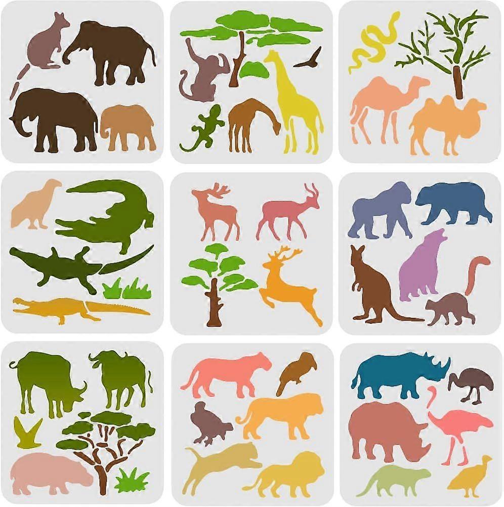 1Set 9 Pcs Animals Stencils Template 20x20cm Plastic Monkey Bear Bird Painting Stencils Elephant Deer Crocodile Rhino Lion Pattern Reusable Stencils f