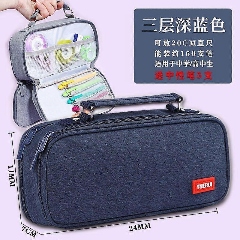 Pencil case, large capacity, canvas, stationery, super large capacity, simple 3-layer junior high school men and women Korean (Navy blue)