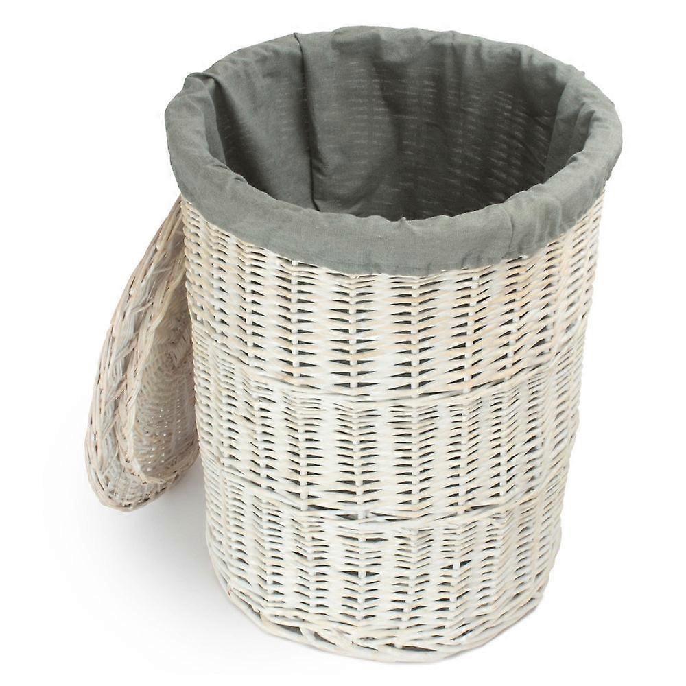 Round White Wash Wicker Laundry Basket With Grey Sage Lining