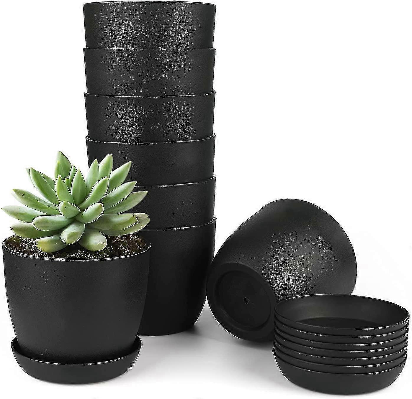 8 Pcs 10cm Small Round Thick Black Plastic Flower Pots with Trays