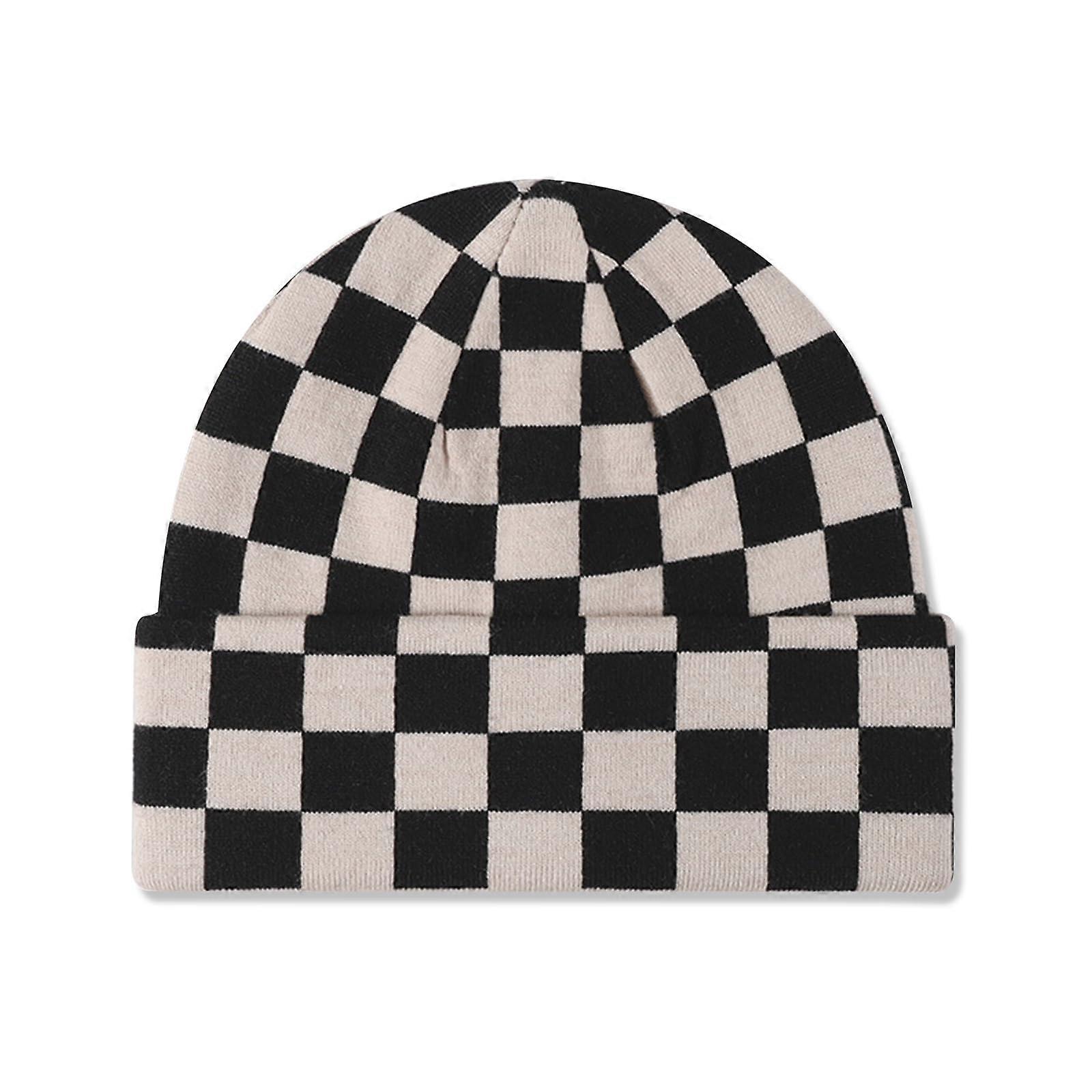 Knitted Beanie for Men and Women - Checkerboard Pattern Cuffed Slouchy Warm Winter Hat Skull Cap in Stretchy Fabric