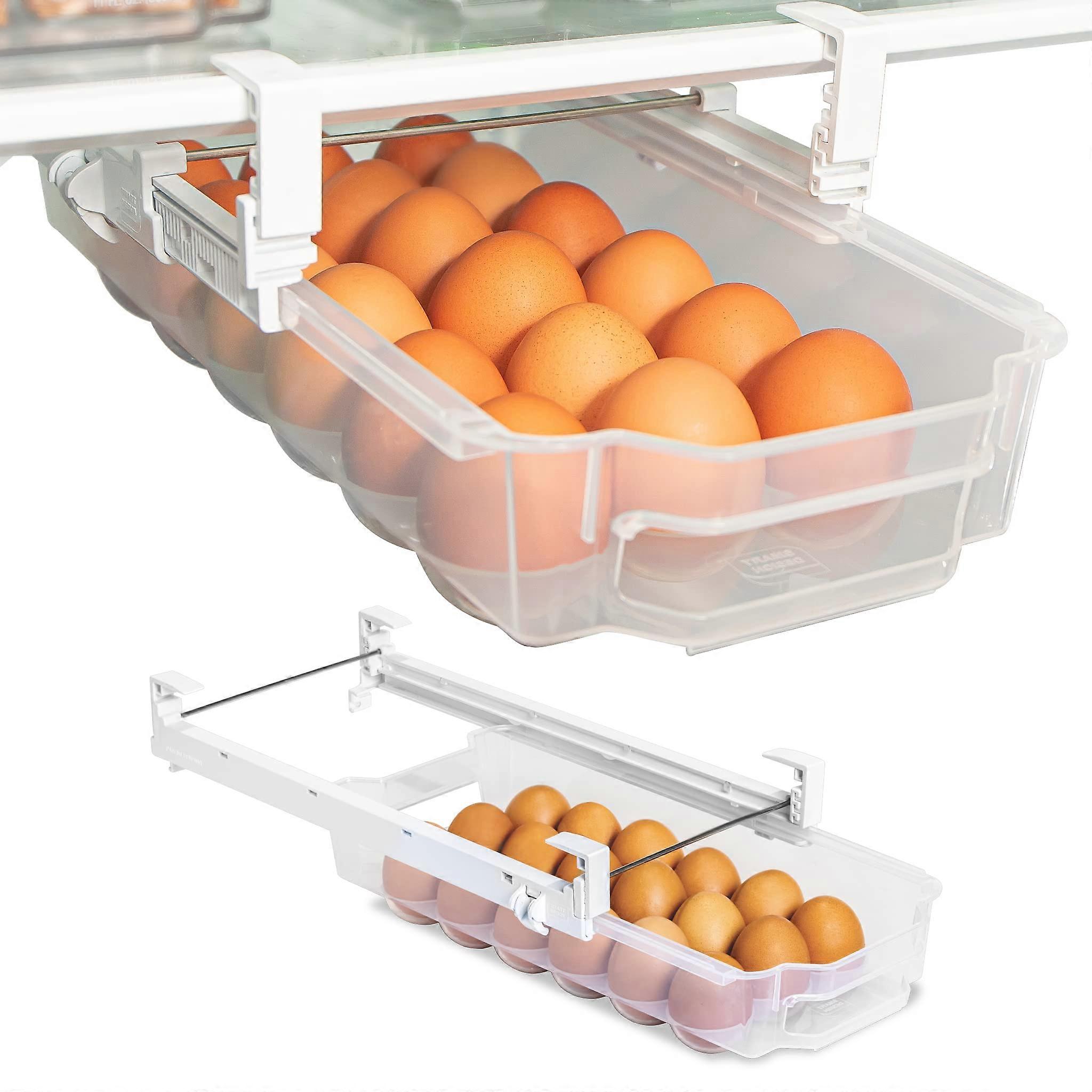 Adjustable Sliding Pull Out Egg Drawer - Set of 2, Holds 18 Eggs Each - BPA Free Plastic