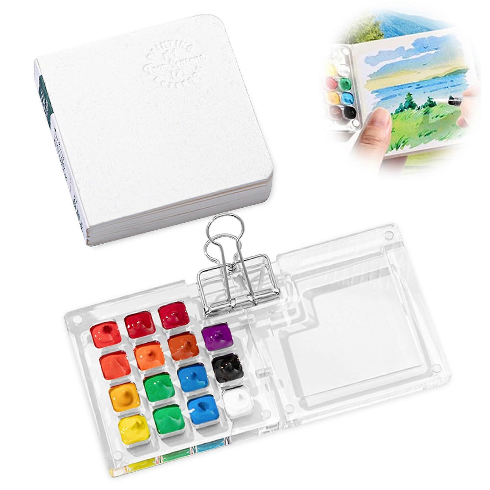 Portable Sketchbook Palette Set with 15 Grids Mini Acrylic Travel Painting Palette, Pocket Artist Set with Watercolor Paper Journal
