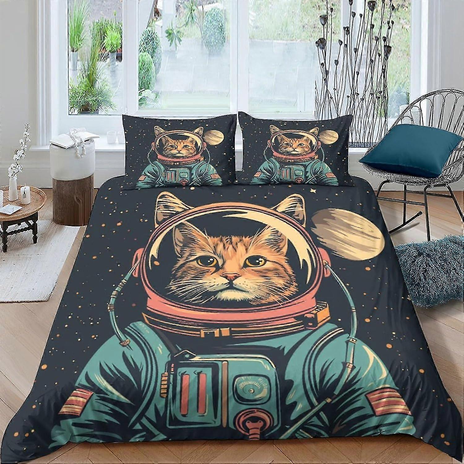 Space Cat Quilt Cover 3D Printed Anime Characters Duvet Cover for Boys and Girls Soft Microfiber Bedding Set with Zipper Closure