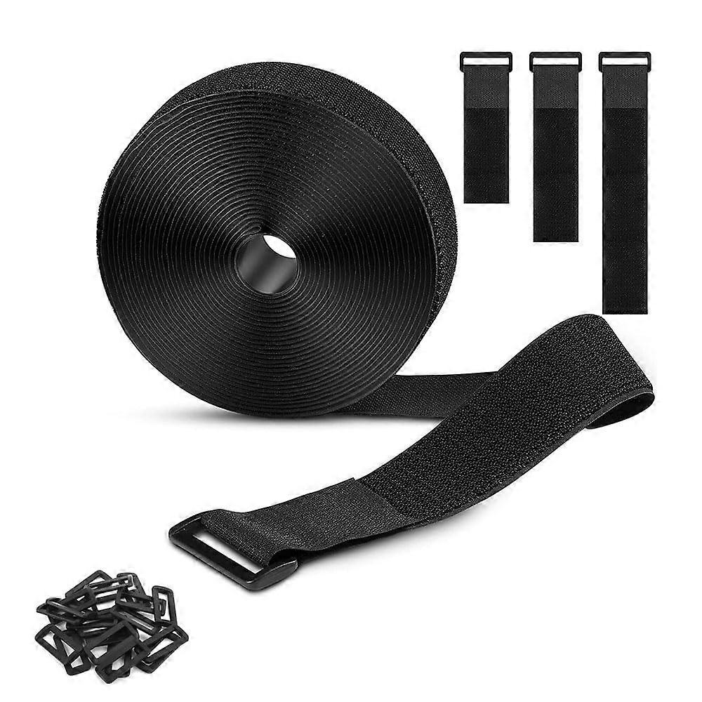 Adjustable cable ties, sturdy, with Velcro, 5 cm x 5 m, includes 15 buckles, reusable, wide, for cable organization, pipes, ropes, black