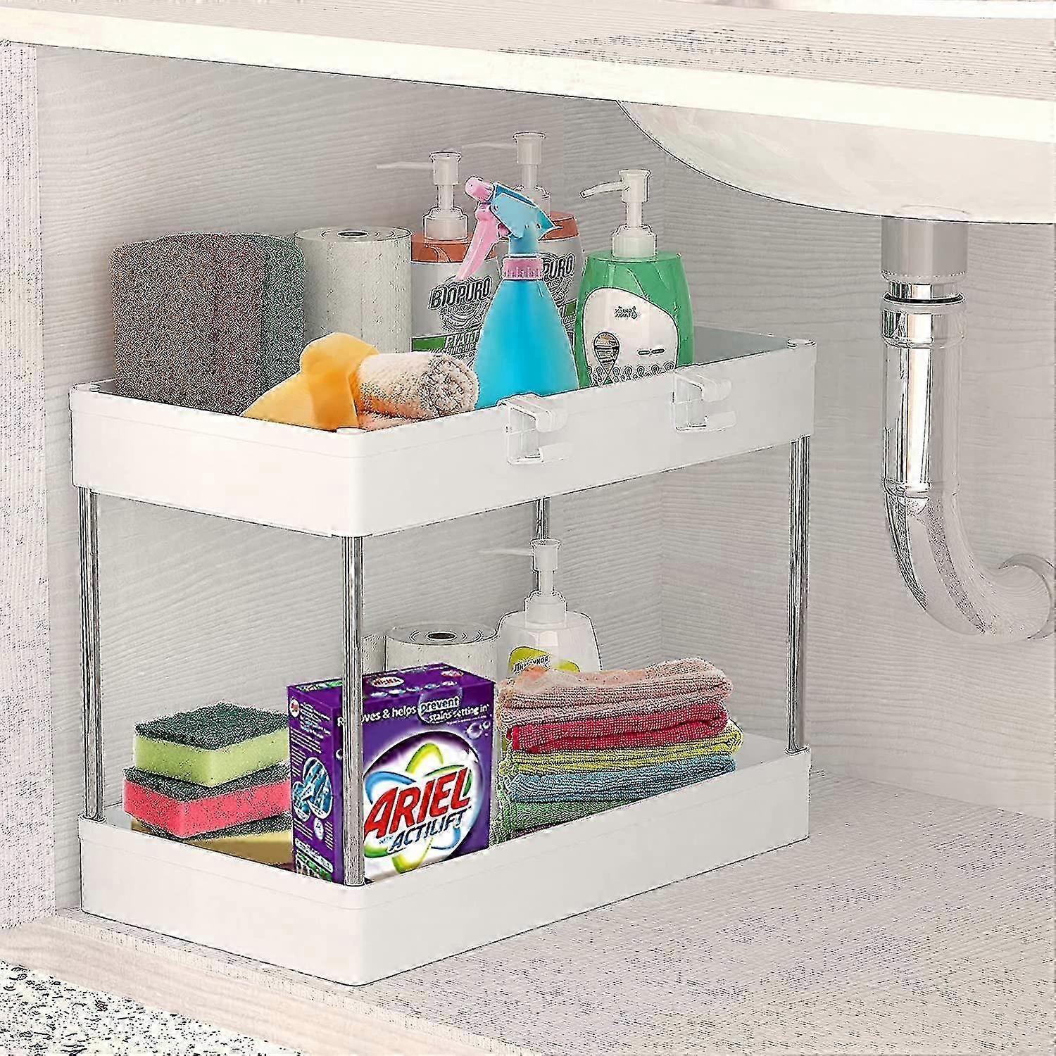 Under Sink Organizer, 2-Tier Slide-out Baskets with Hooks, Bathroom Storage Rack (Multi-purpose)