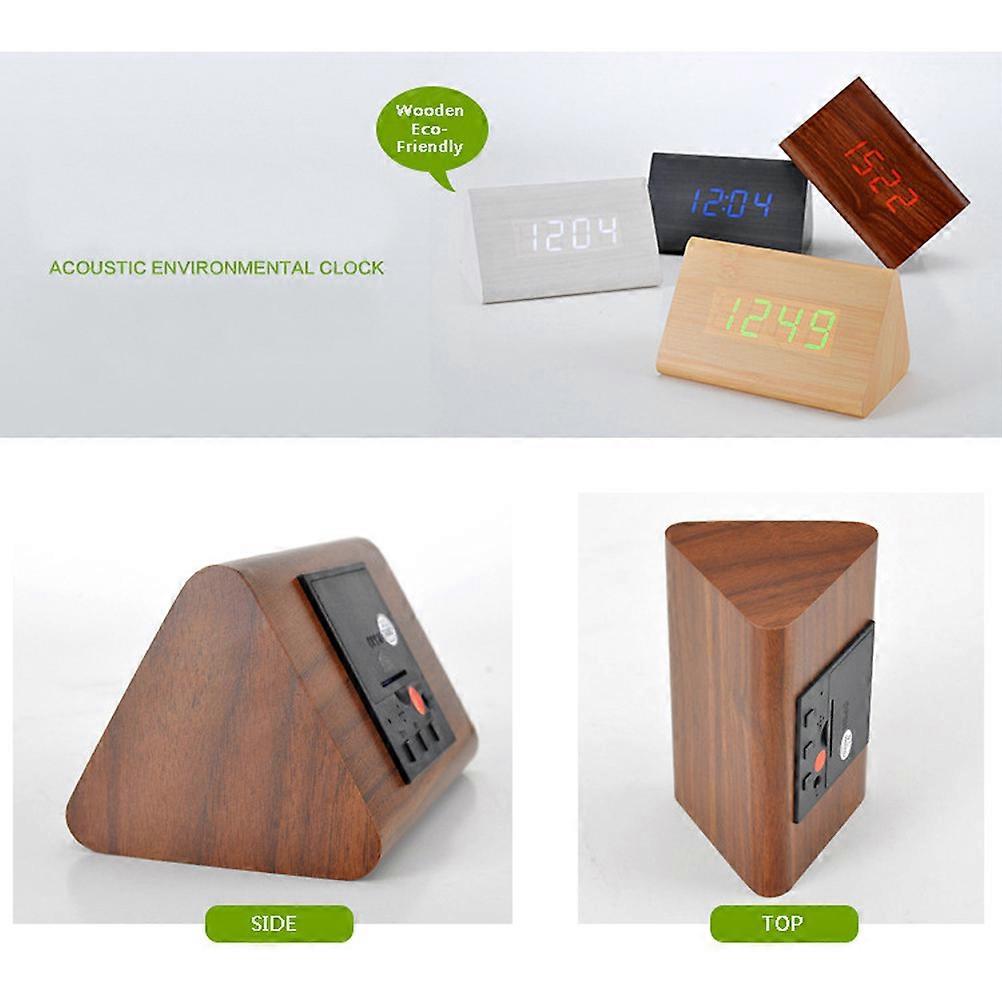 Modern Alarm Clock Digital Table Clock Snooze Decoration Brown Wood and Red Light 1Pcs