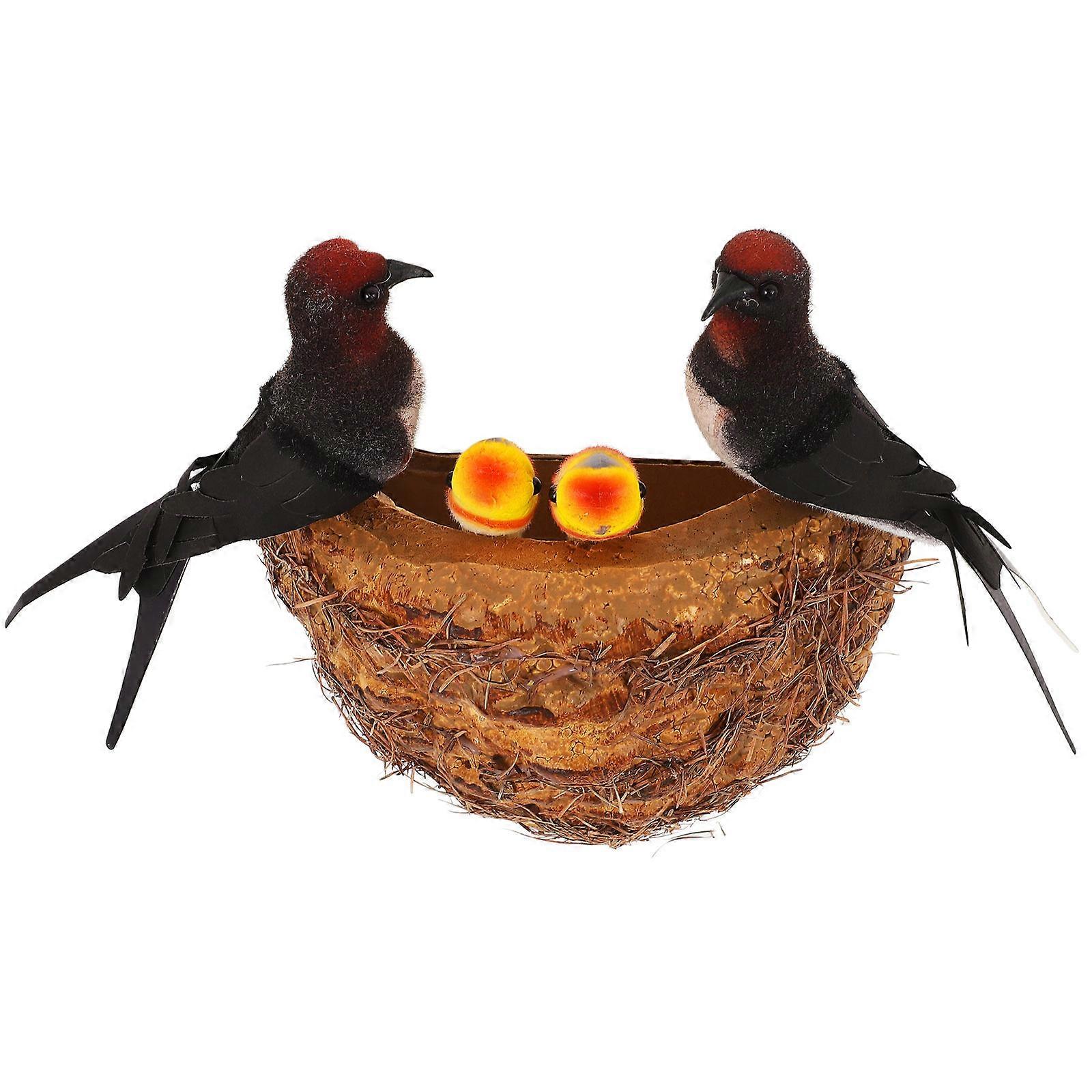 1 Set Durable Simulation Bird Nest Decor with Swallow Figurine for Decoration