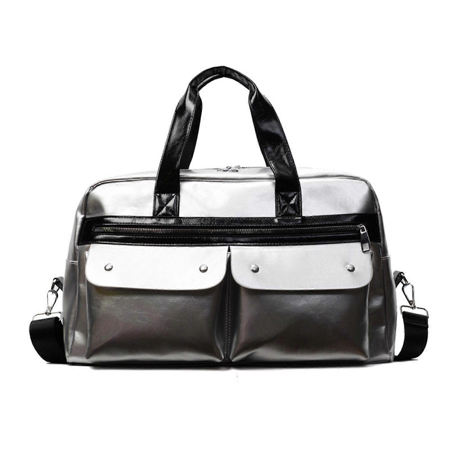 Large Capacity Gym Bag For Commuting Travel Practical Water Resistant PU Multiple Compartments Adjustable Shoulder Strap  Silver