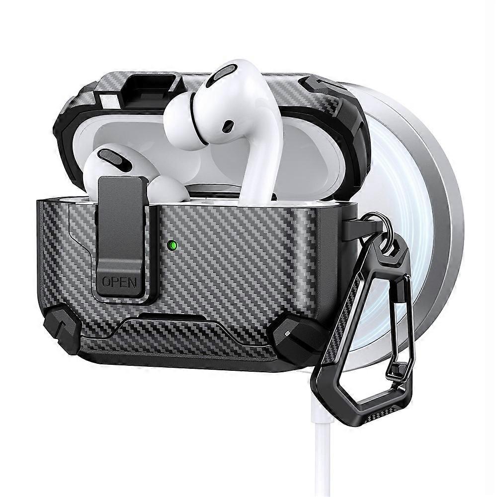Compatible For Apple AirPods Pro Case Canbon Fiber Texture Compatible with MagSafe TPU PC Earbuds Cover with Carabiner