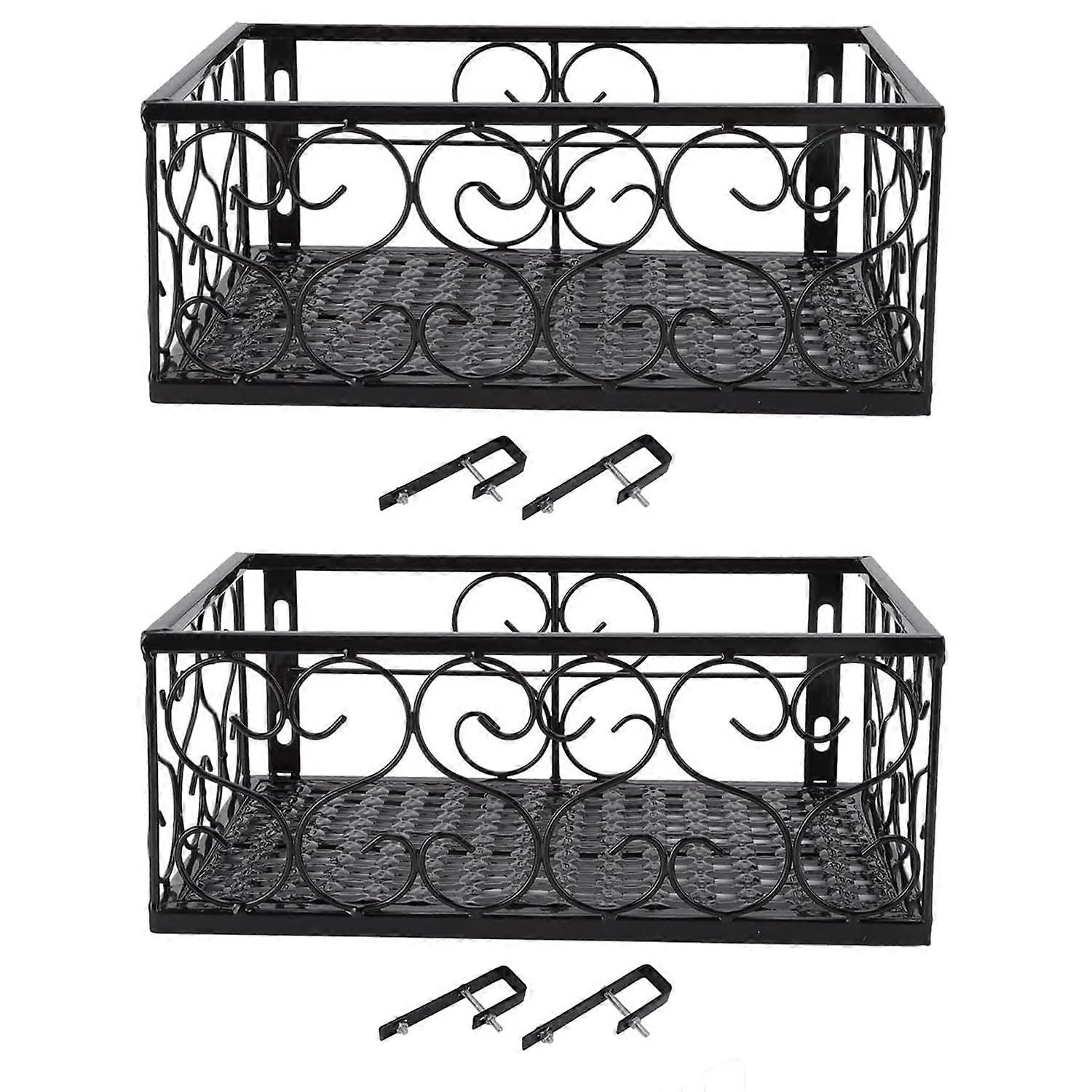 Iron Basket Hanging Flower Stand for Window, Black Metal 2-Pack Decorative Railing Planters for Succulent Plants, 1" Rail