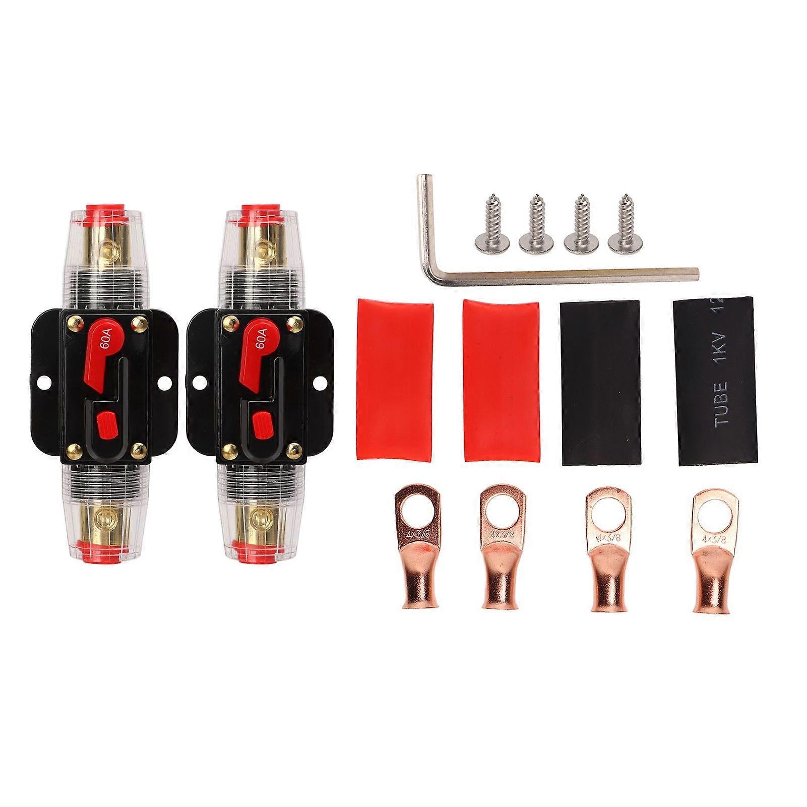 1224V Inline Circuit Breaker with Manual Reset Fuse Holder Battery Lugs Heat Shrink Tubes for Car Boat Audio System 60A