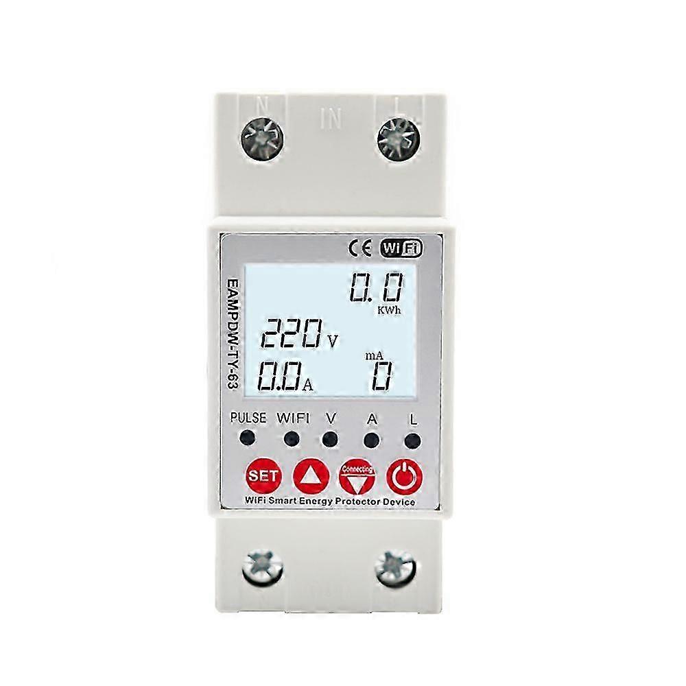 TUYA APP WiFi Smart Circuit Breaker 2P 63A Overvoltage and Ground Fault Protection Single Phase Digital kWh Energy Meter for Electrical