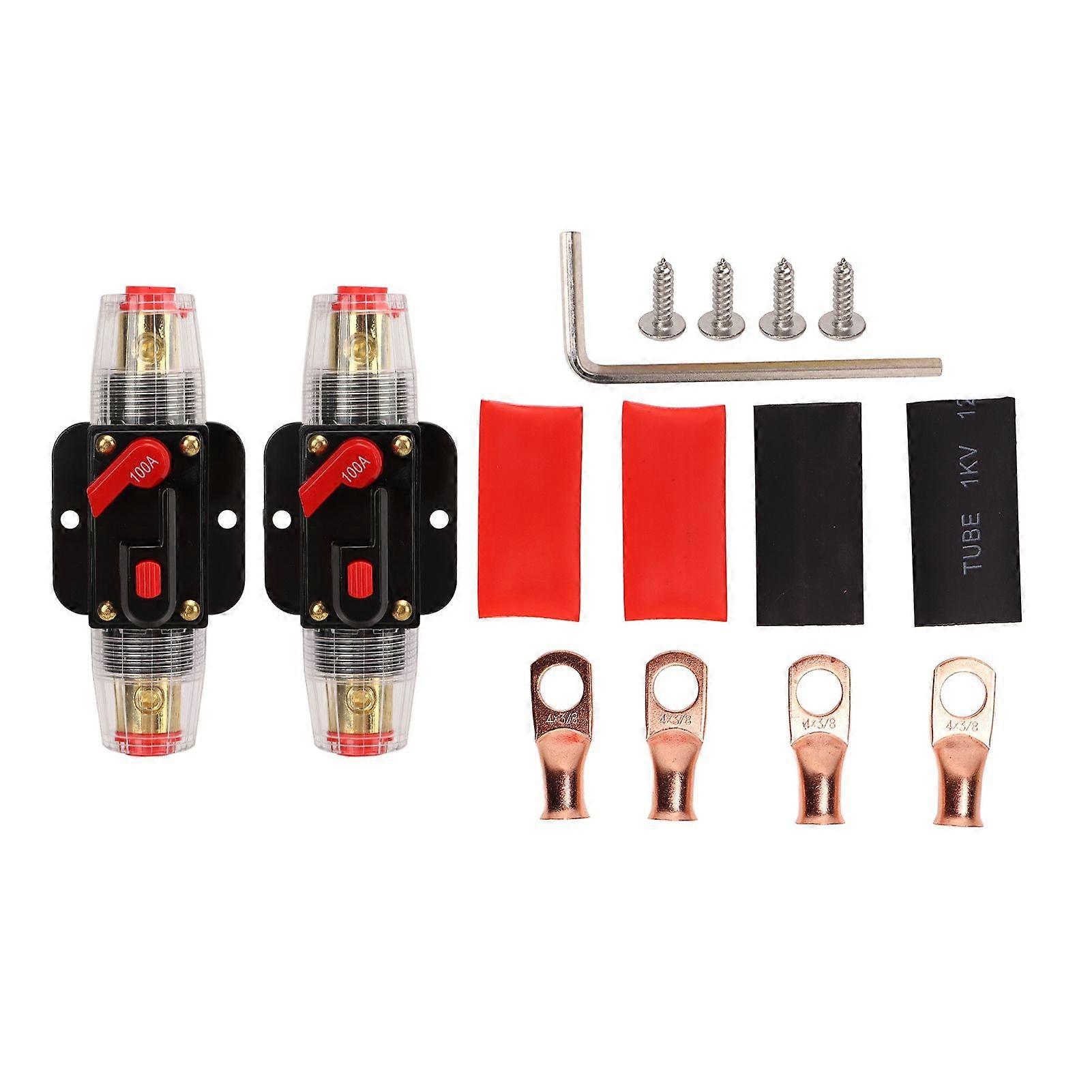 1224V Inline Circuit Breaker with Manual Reset Fuse Holder Battery Lugs Heat Shrink Tubes for Car Boat Audio System 100A