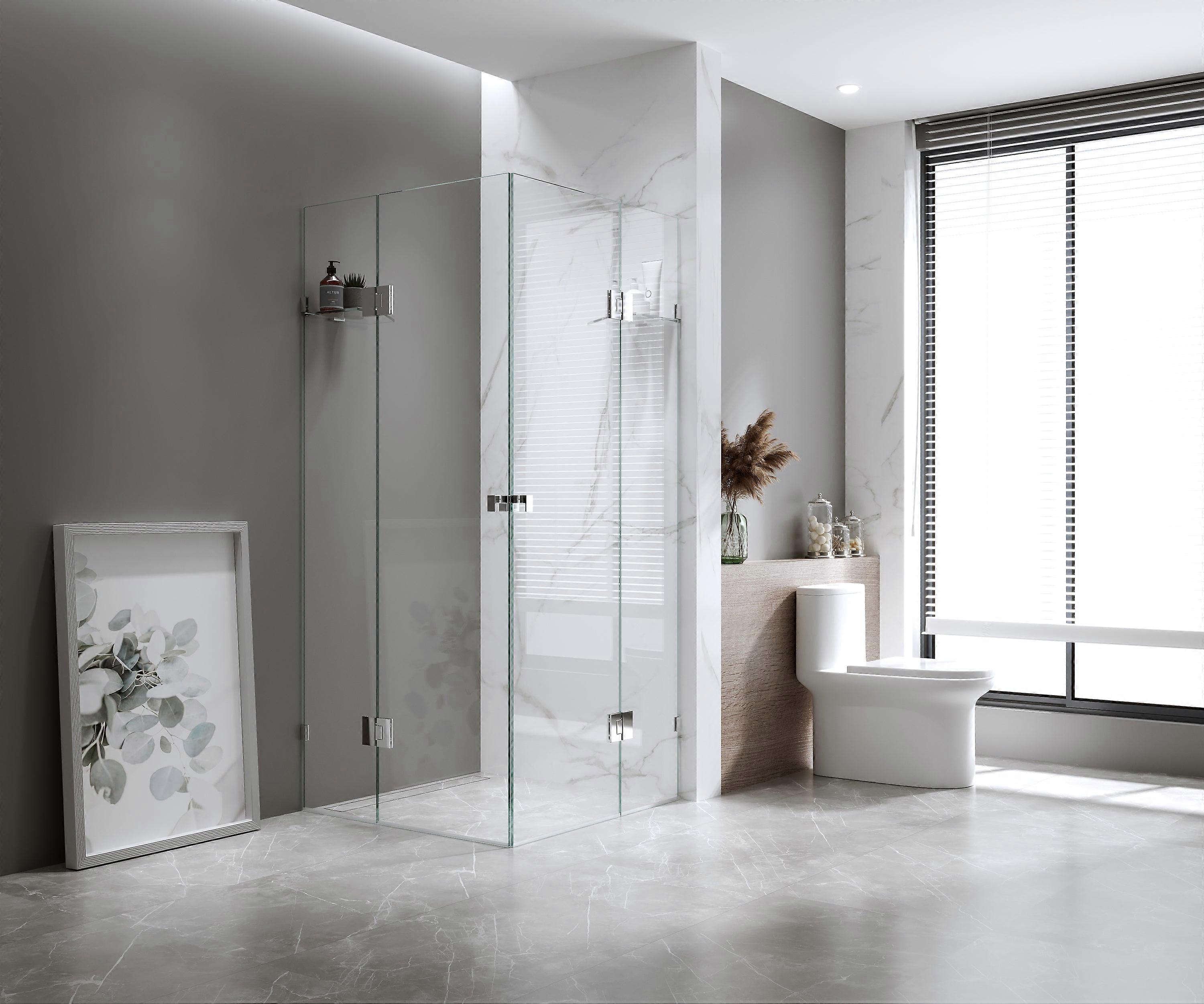 110X110cm Double Door Corner Shower Screen With Black Brackets And Brass Hinges Square Knob Handle Shower Enclosures