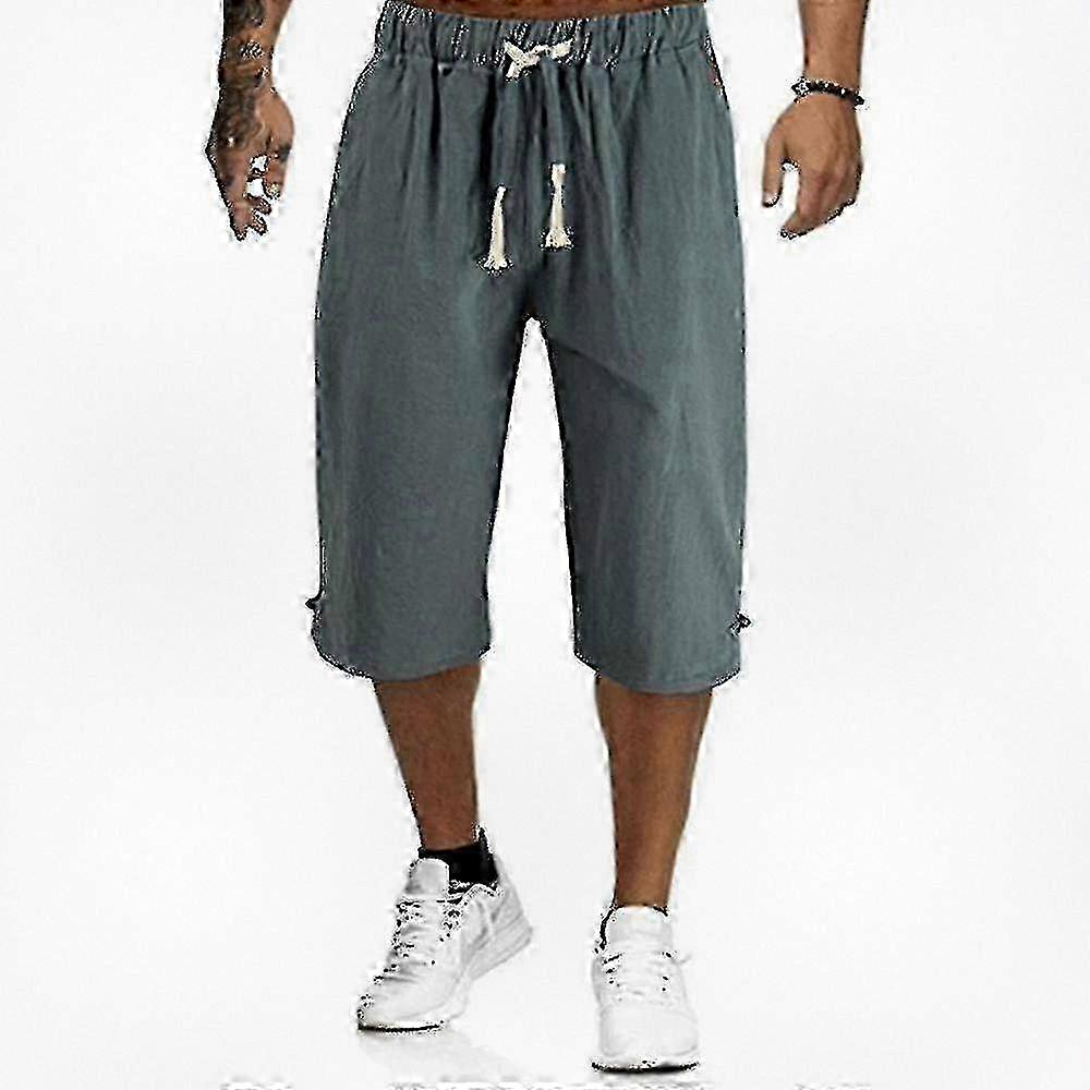 Men's Summer Linen-Style Casual Capri Pants with Elastic Waist, 3/4 Length Trousers for Plus Sizes