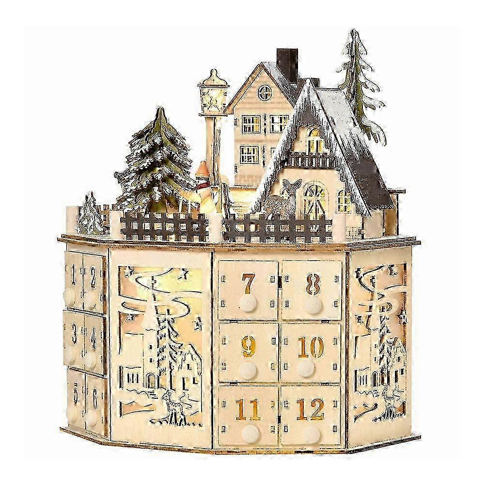 z Led 24 Day Wooden Advent Calendar Decorated With Christmas Tree Reindeer