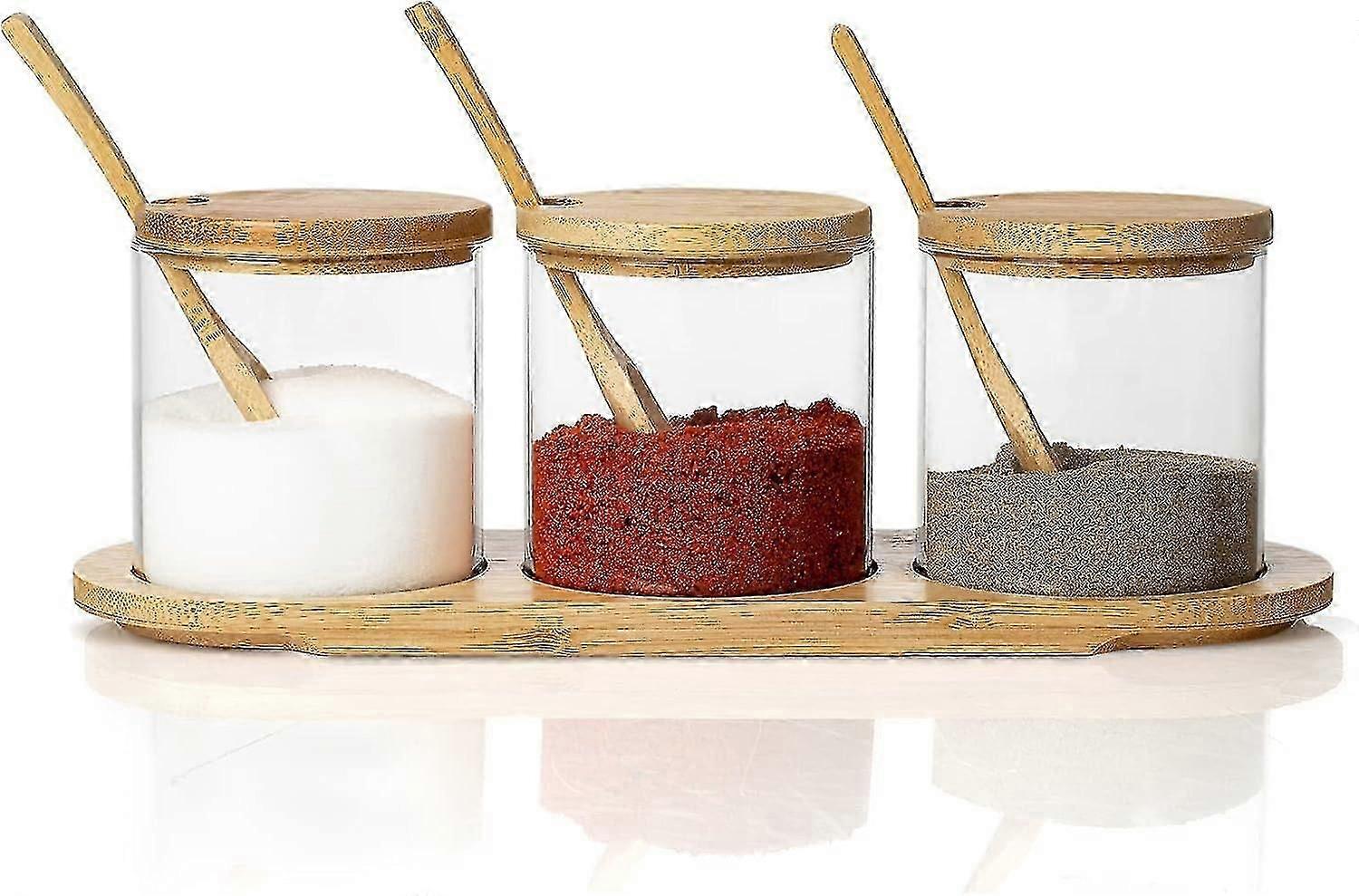 300ml Glass Spice Jars with Bamboo Lids and Spoons - Set of 3 Glass Condiment Storage Jars with Base - Glass Kitchen Canisters for Condiment, Salt, Su