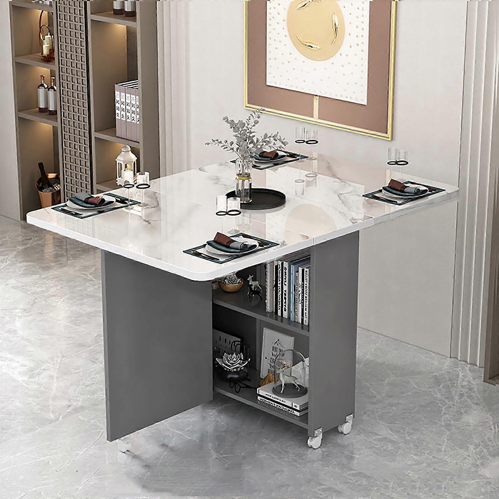 Folding Dining Table with Drop Leaf, Rolling Kitchen Table with Casters and Storage Shelves for Small Spaces