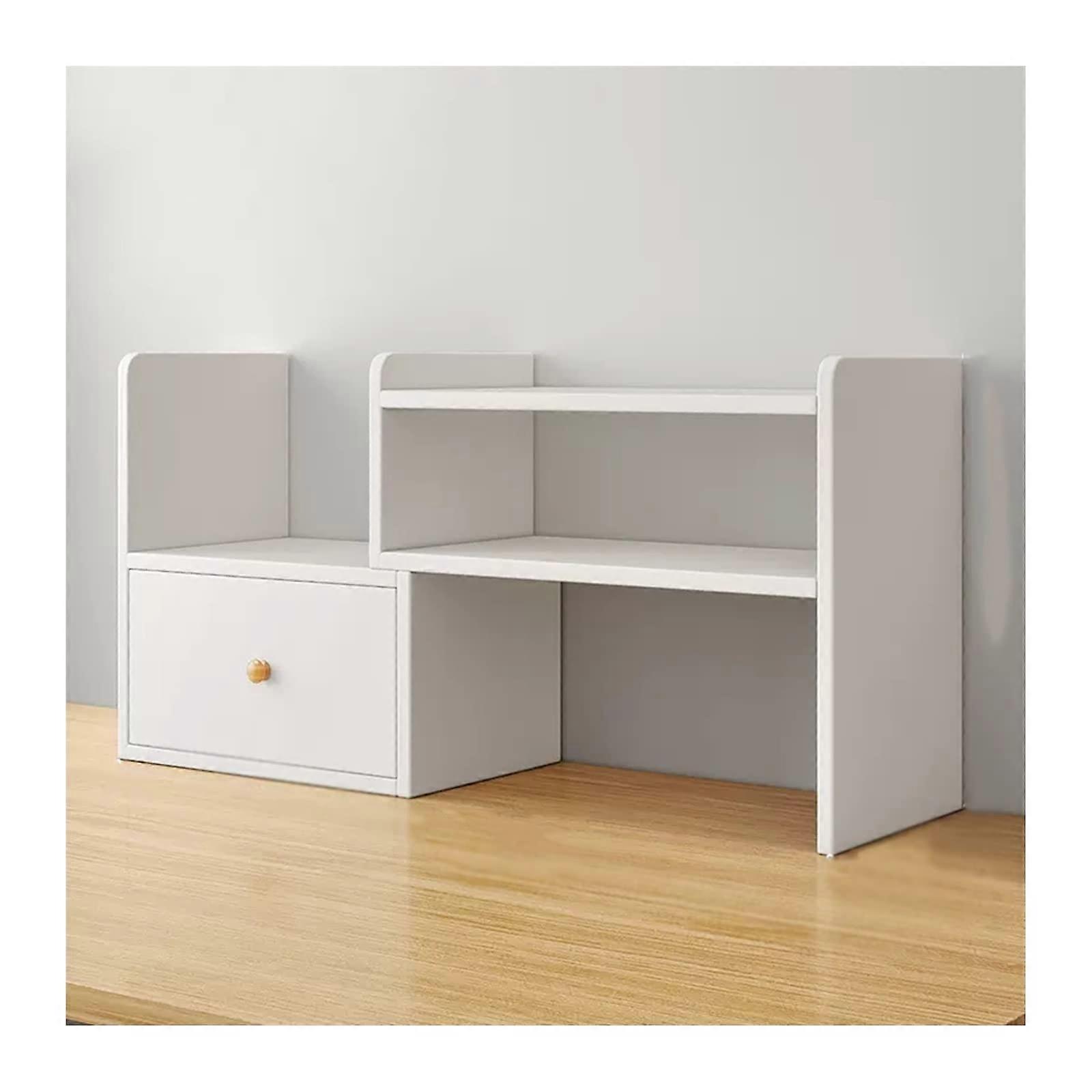 Wooden Desktop Bookshelf with 2 Layers and Drawer Adjustable Storage Rack for Office Home Kitchen White